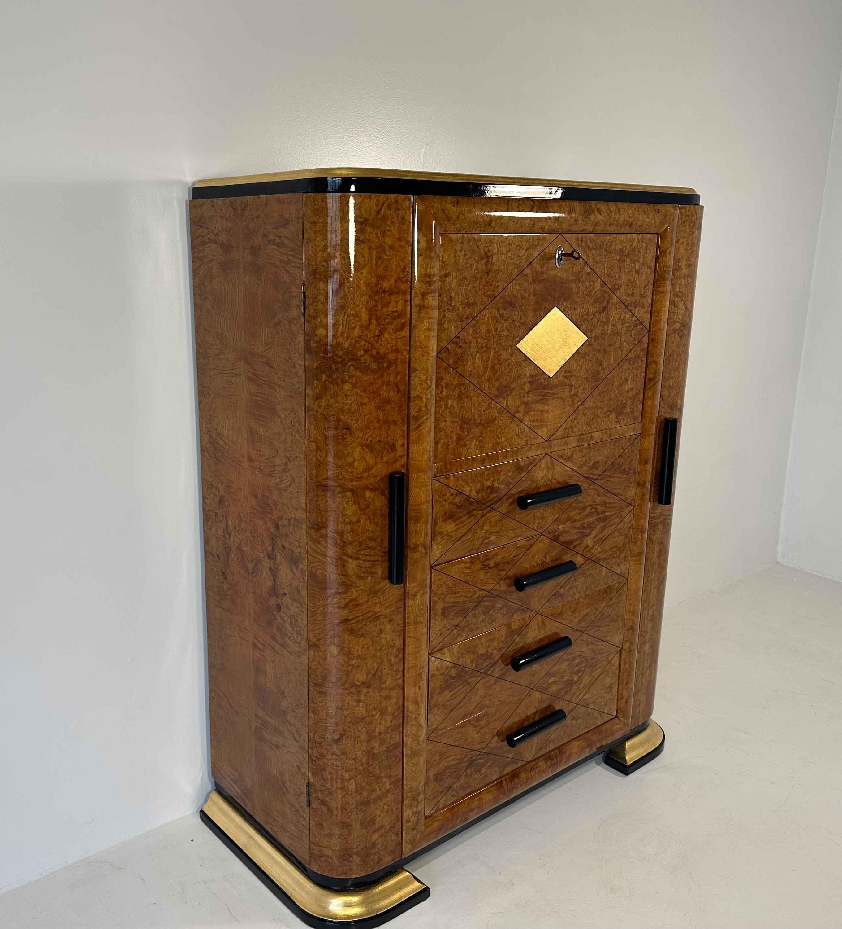 Mid-20th Century Italian Art Deco Maple Briar, Gold Leaf and Black Lacquered Secretaire, 1940s For Sale