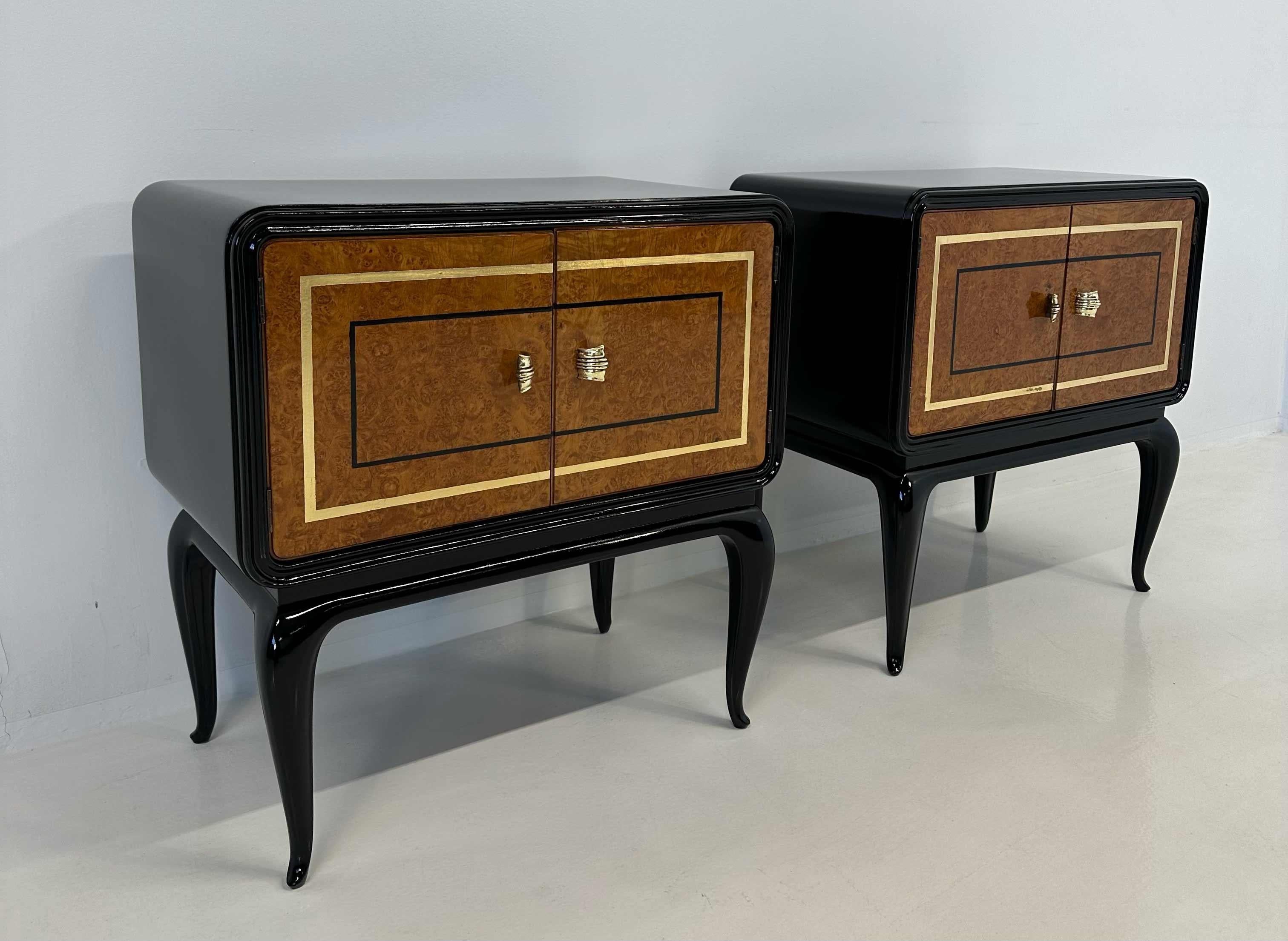 Italian Art Deco Maple Briar, Gold Leaf and Black Lacquer Nightstands, 1940s In Good Condition For Sale In Meda, MB