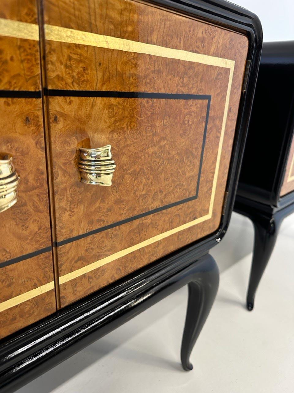 Italian Art Deco Maple Briar, Gold Leaf and Black Lacquer Nightstands, 1940s For Sale 2