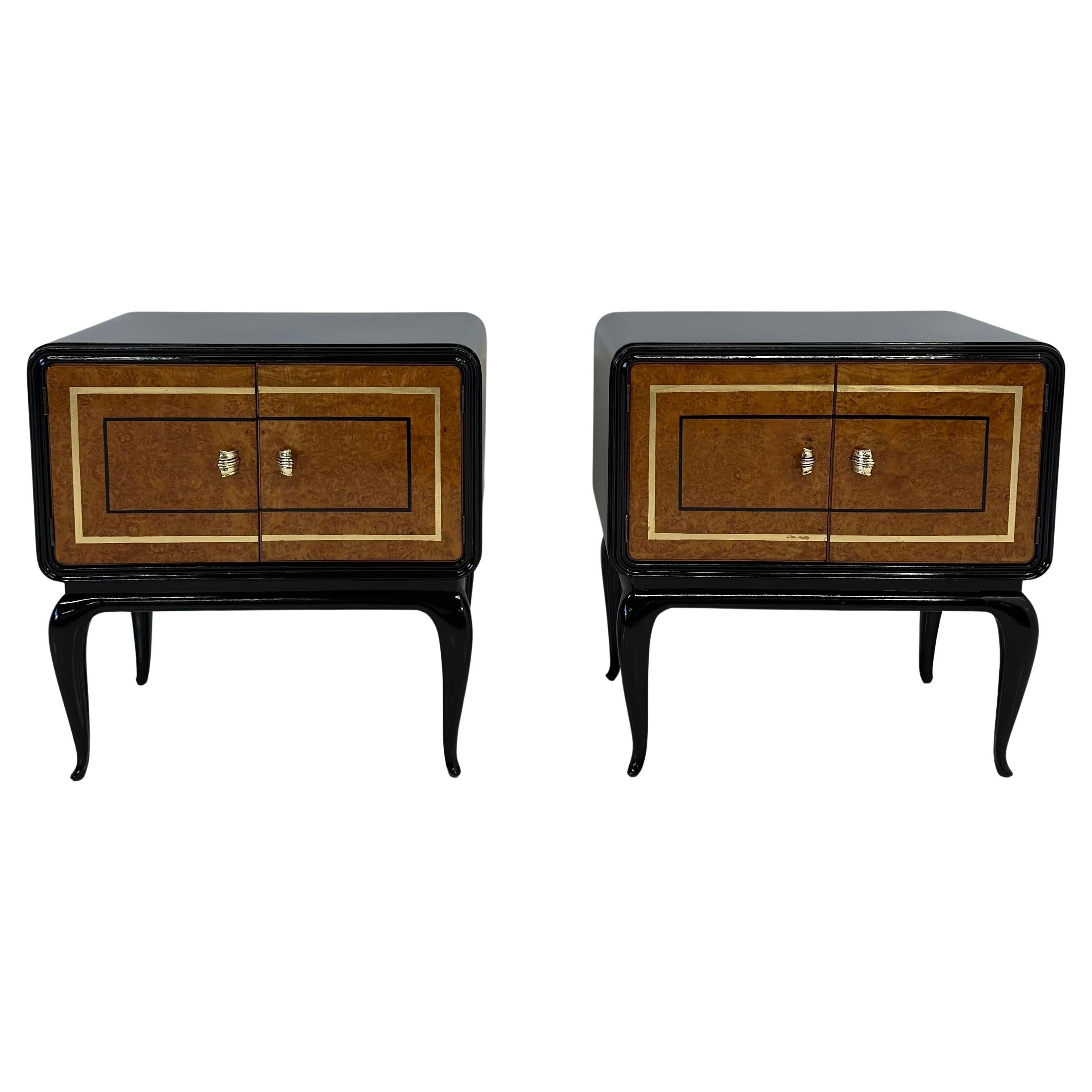Italienische Art Deco Nachttische aus Ahornholz, Blattgold und schwarzem Lack, 1940er Jahre
