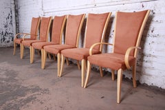 Italian Art Deco Maple Dining Chairs With Suede Upholstery