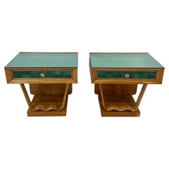 Italian Art Deco Maple, Shagreen and Green Mirror Nightstands, 1940s