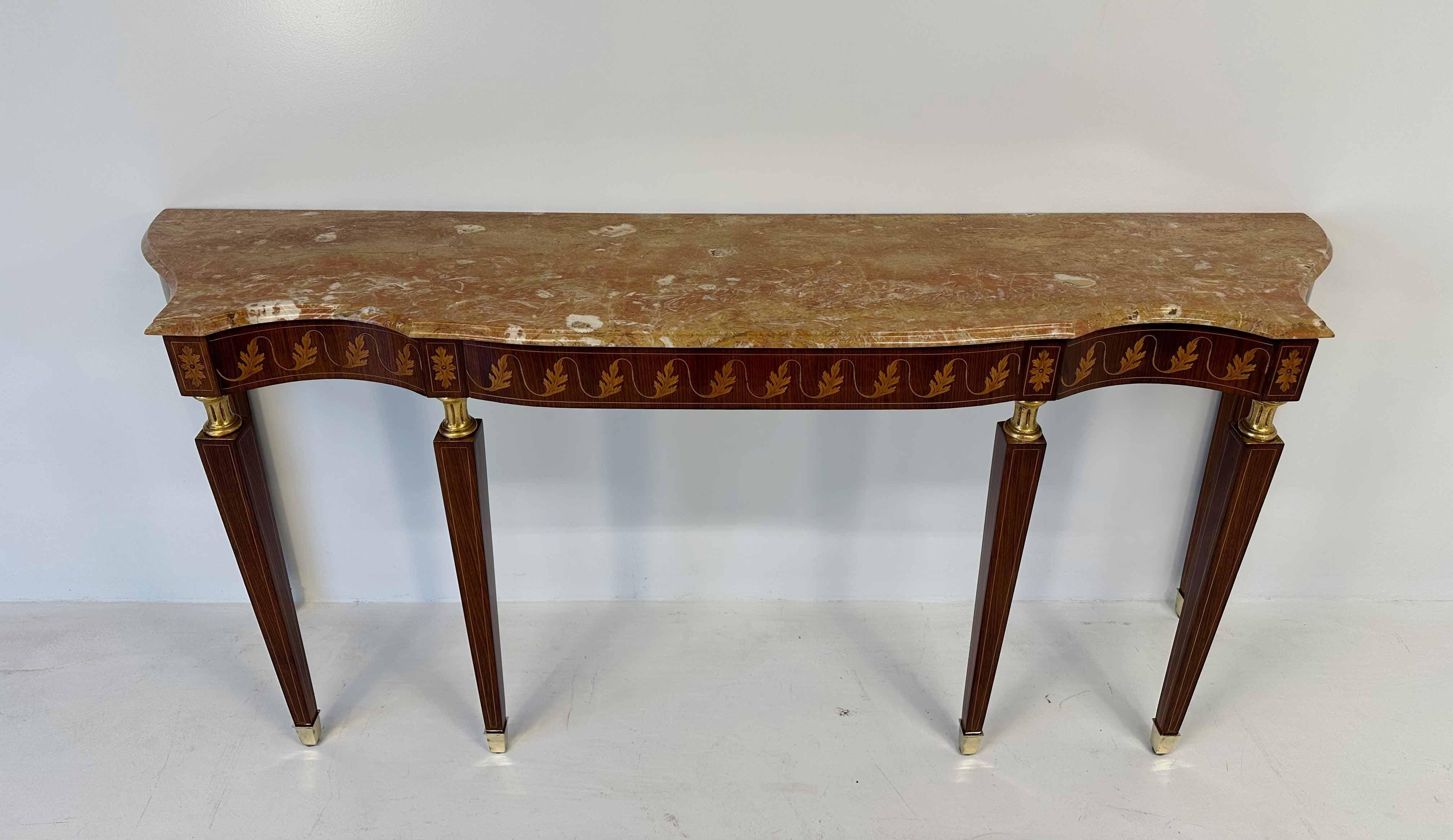 Brass Italian Art Deco Marble and Inlaid Wood Console, Attr. to Paolo Buffa, 1950s For Sale