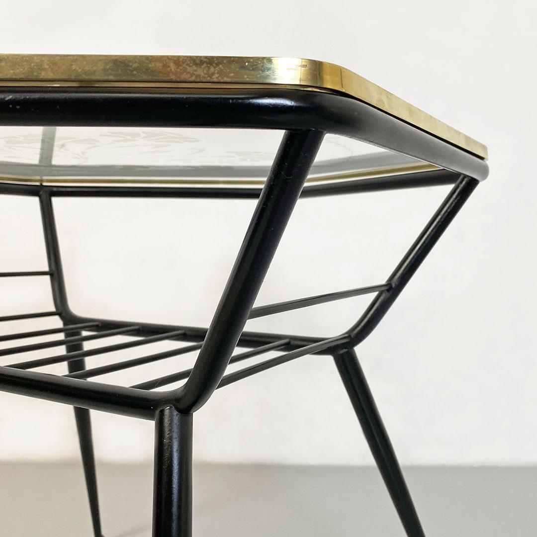 Italian Art Deco Metal and Decorate Glass Coffee Table with Magazine Rack, 1950s For Sale 5