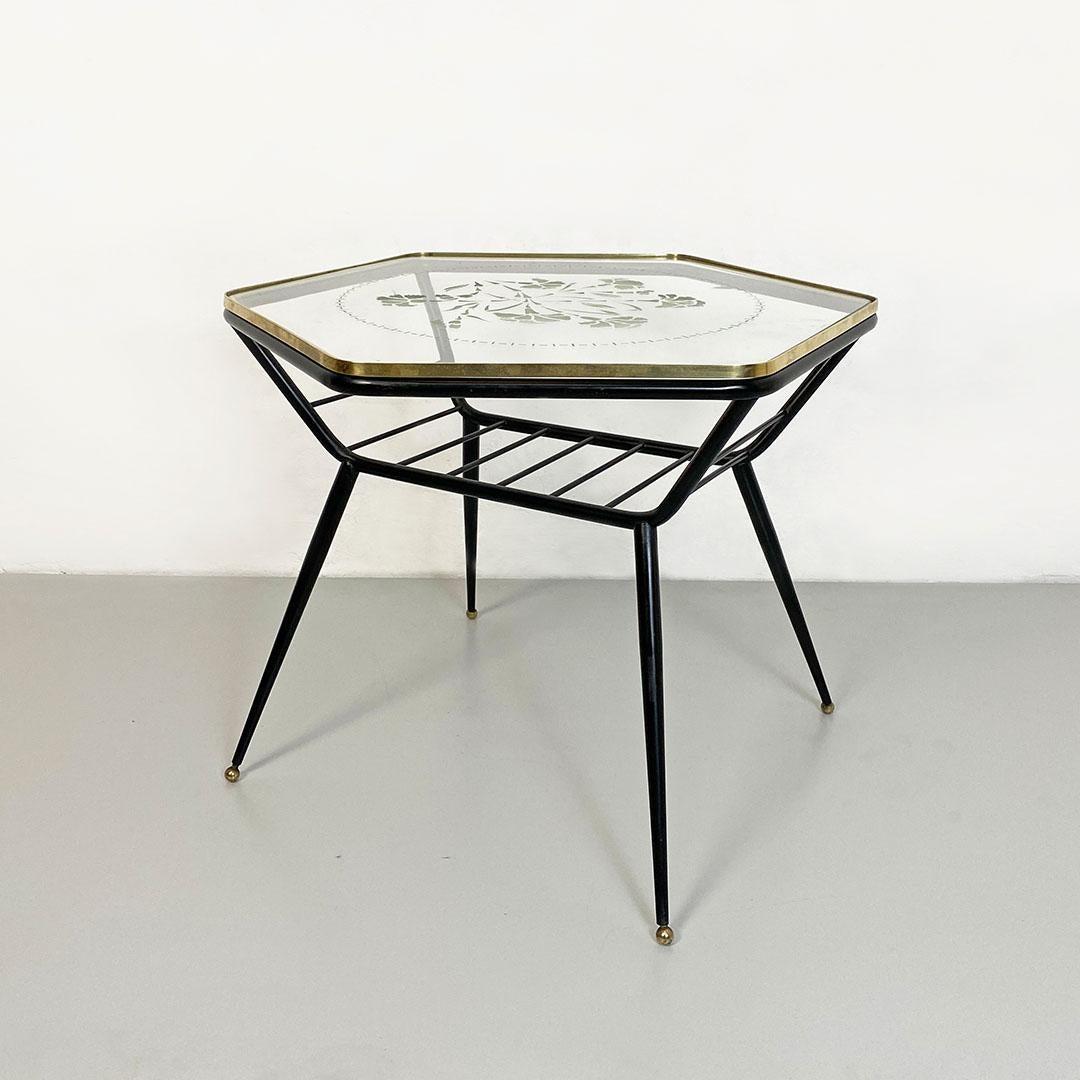 Italian Art Deco Metal and Decorate Glass Coffee Table with Magazine Rack, 1950s In Good Condition For Sale In MIlano, IT