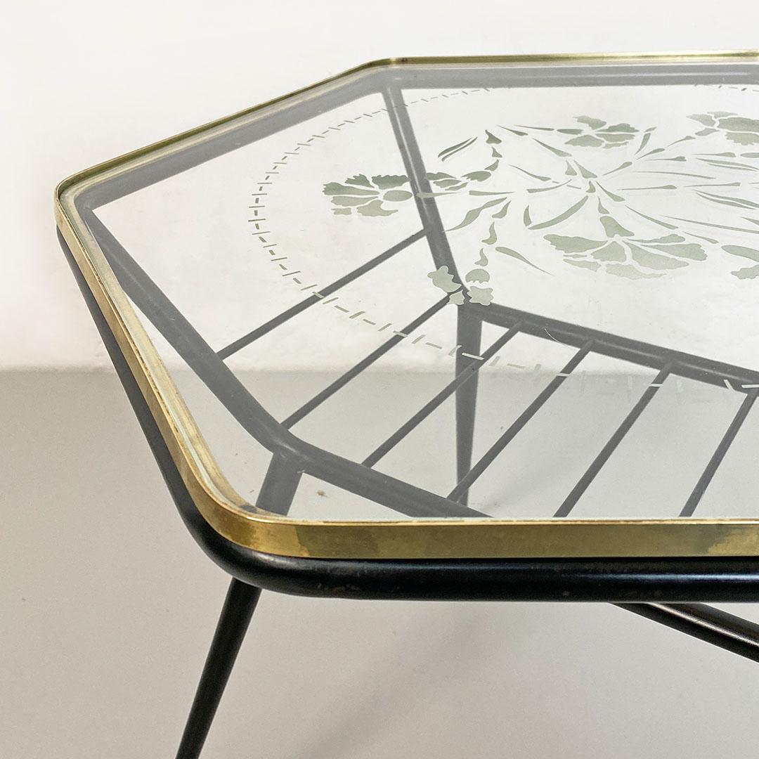 Italian Art Deco Metal and Decorate Glass Coffee Table with Magazine Rack, 1950s For Sale 2