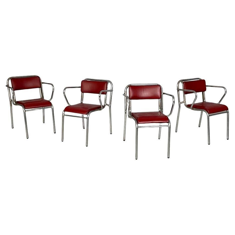 Italian Art Deco metal and red faux leather chairs, 1930s