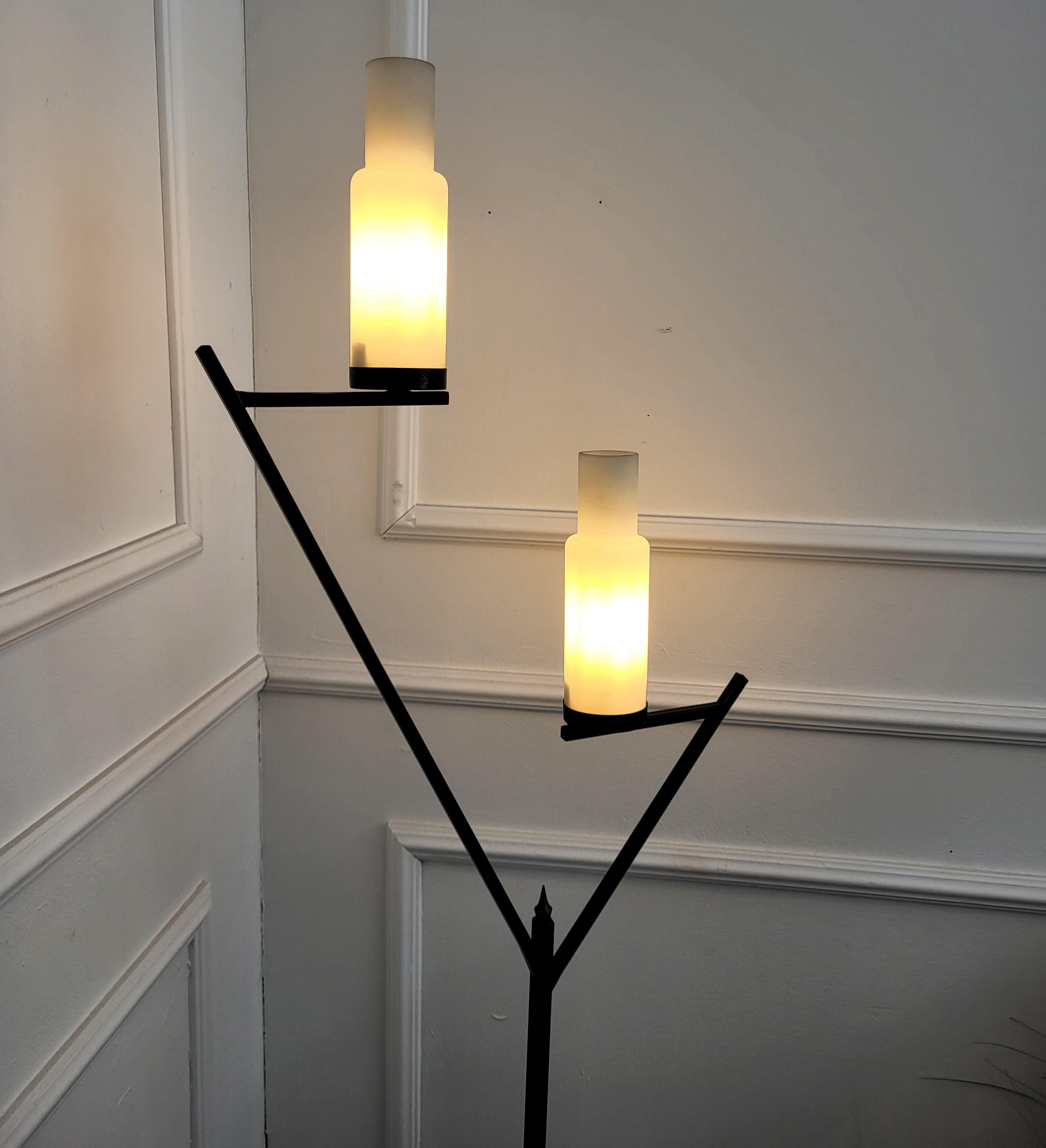 Italian Art Deco Mid-Century Black Metal Gilt Brass Opaline Glass Floor Lamp For Sale 4