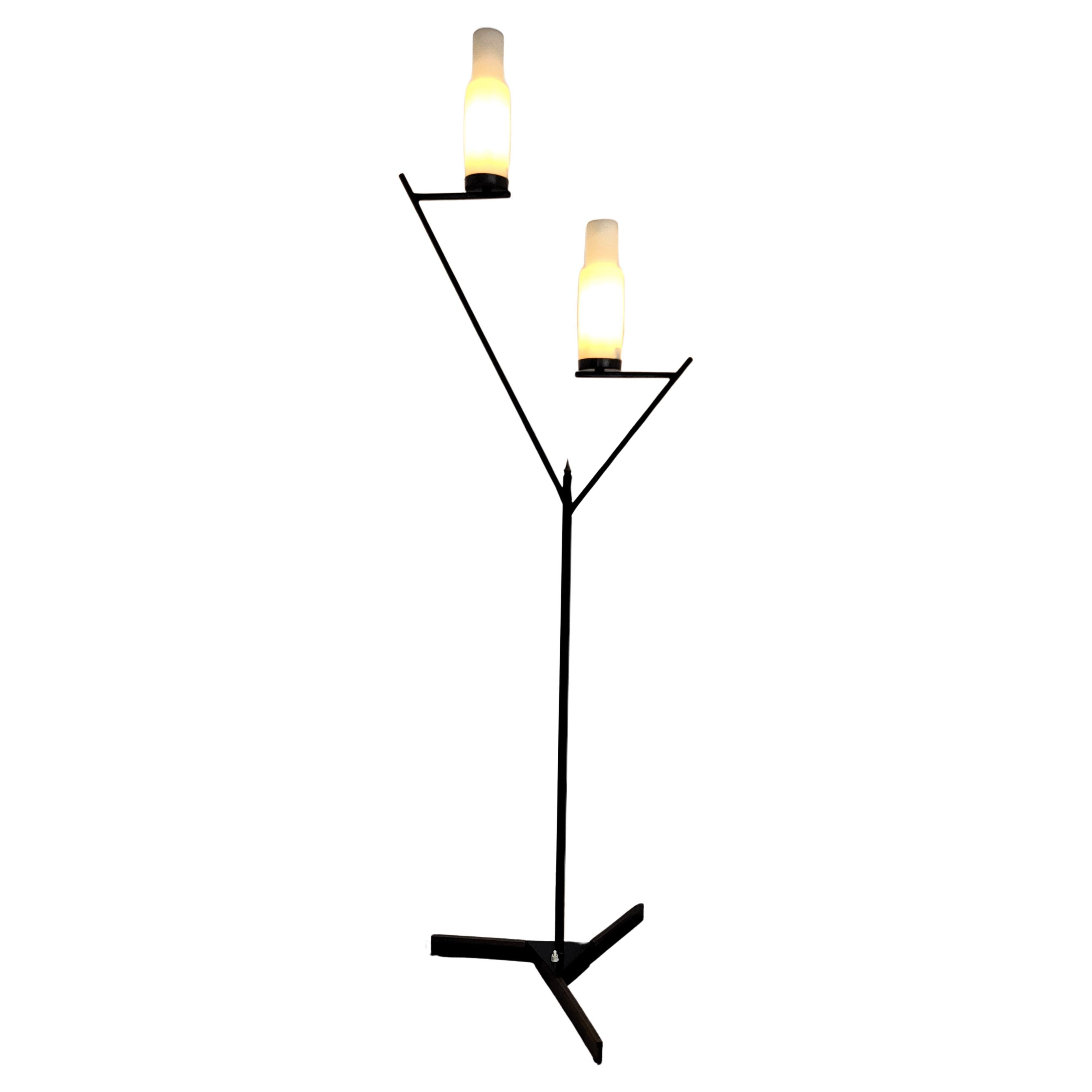 Italian Art Deco Mid-Century Black Metal Gilt Brass Opaline Glass Floor Lamp For Sale