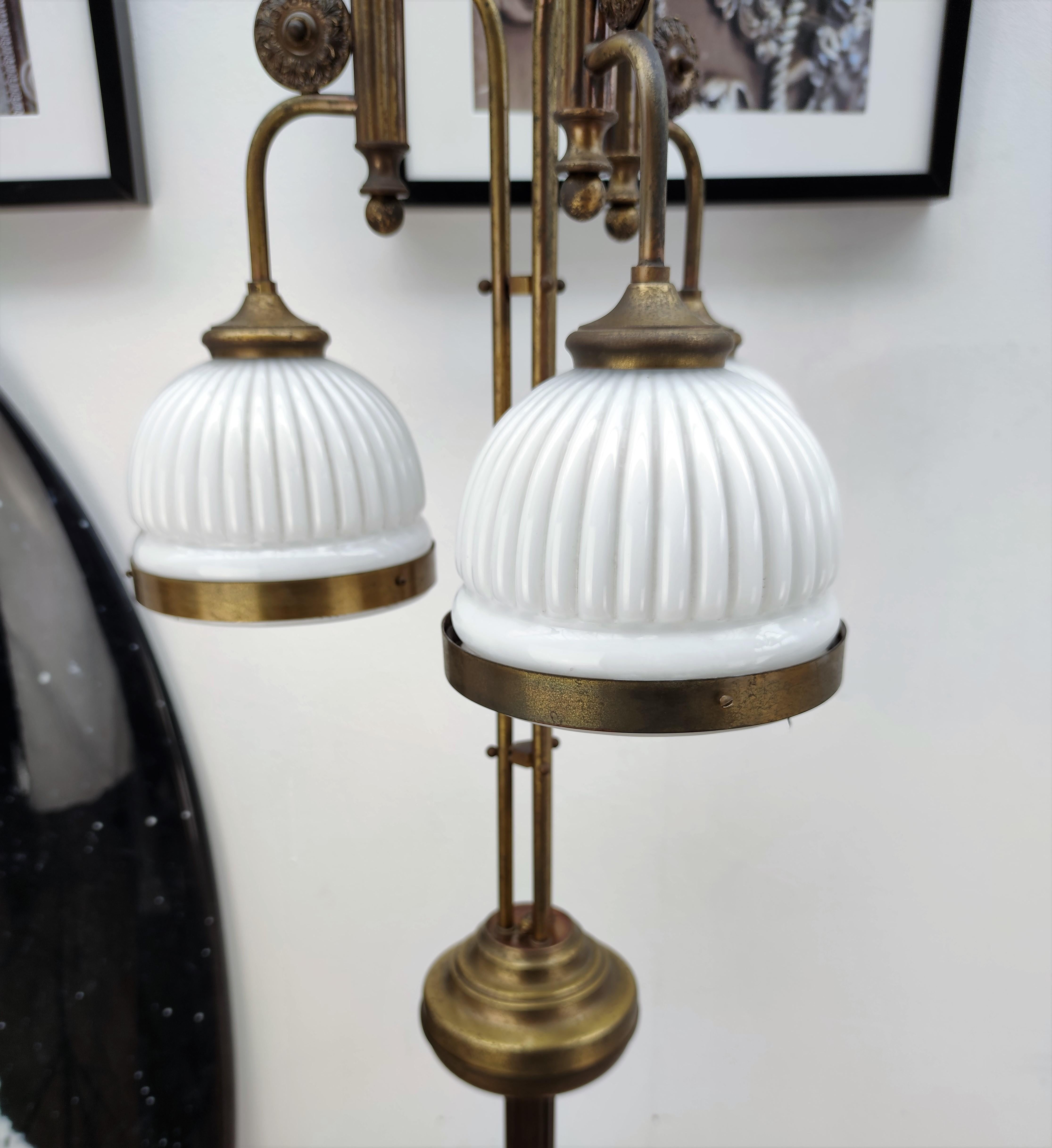 Italian Art Deco Midcentury Brass Opaline Glass Waterfall Floor Lamp 1
