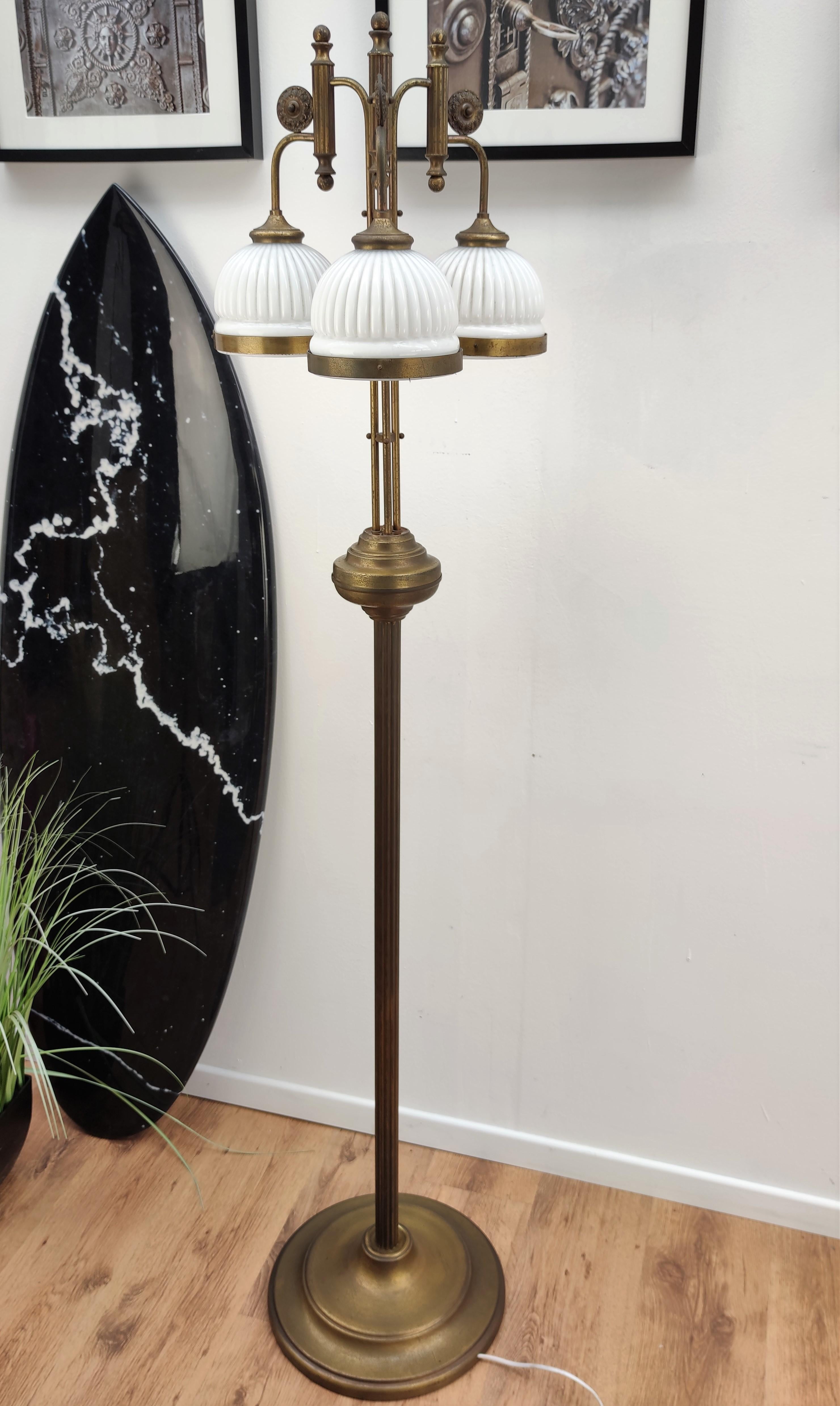 Italian Art Deco Midcentury Brass Opaline Glass Waterfall Floor Lamp 4