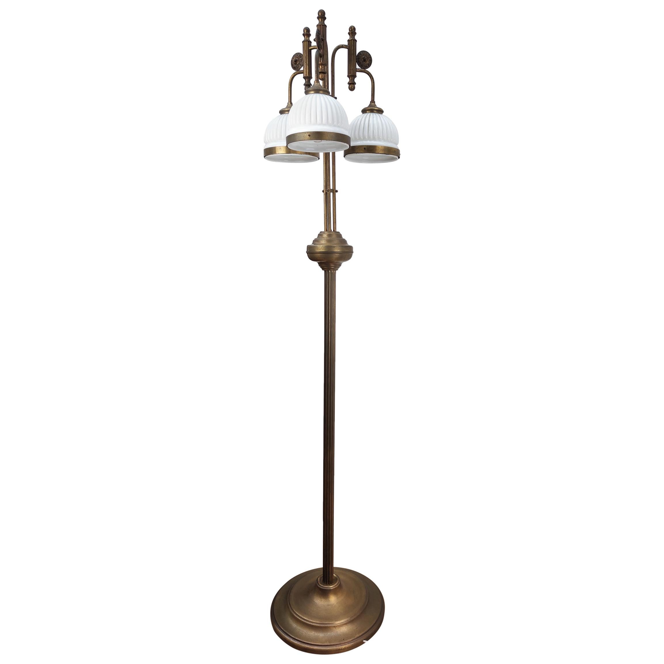 Italian Art Deco Midcentury Brass Opaline Glass Waterfall Floor Lamp