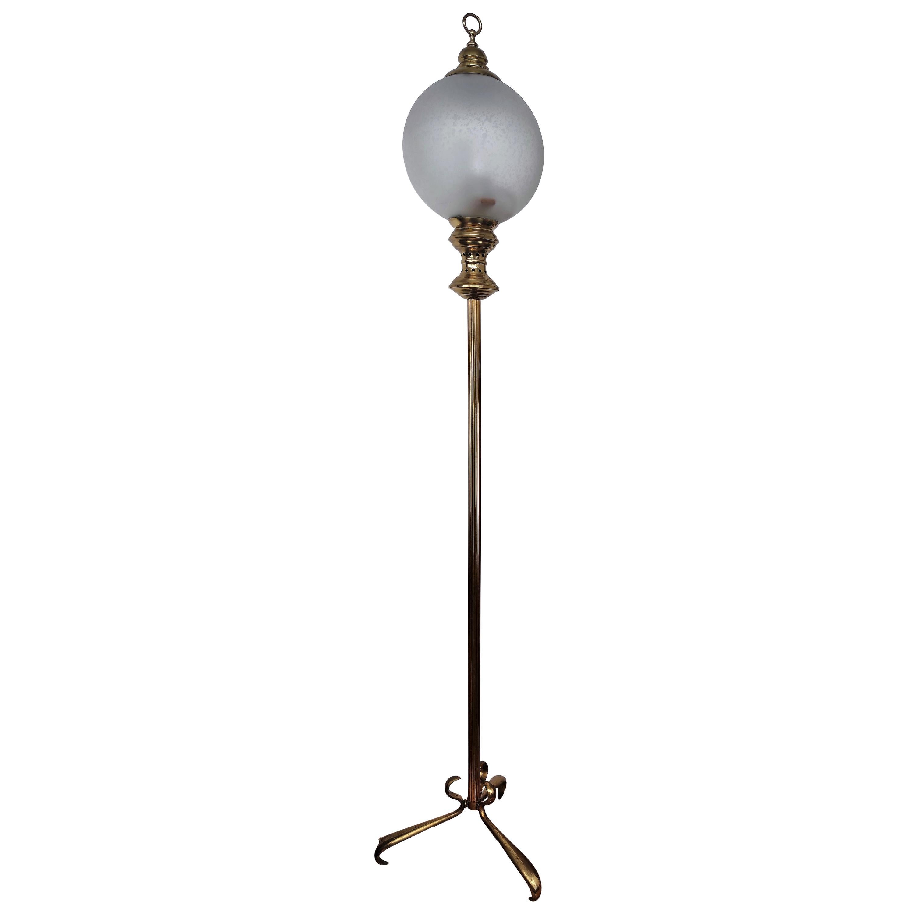 Italian Art Deco Midcentury Hollywood Regency Brass Glass Floor Lamp