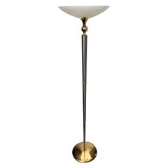 Italian Art Deco Midcentury Hollywood Regency Brass Glass Floor Lamp