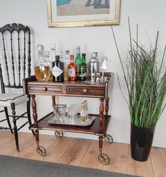 Italian Art Deco Midcentury Regency Wood and Brass Two-Tier Dry Bar Cabinet Cart