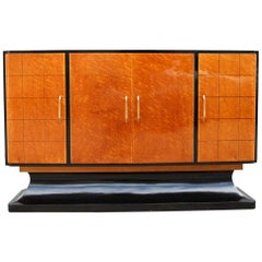 Italian Art Deco Minimal Sideboard in Elm Briar Darkened Walnut Brass Handles