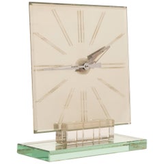 Italian Art Deco Mirror Clock in a Heavy Cut Crystal Base