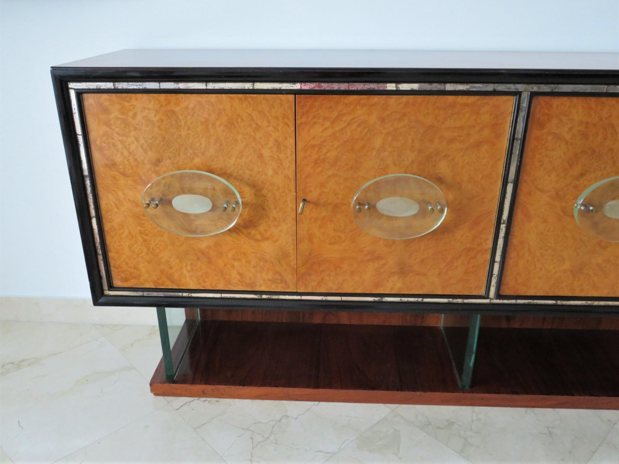 Palisander Italian Art Deco Modern Credenza Cabinet with Fontana Arte Handles and Supports