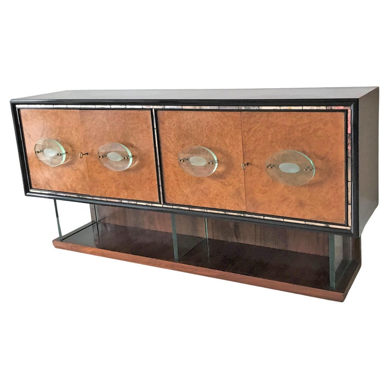 Italian Art Deco Modern Credenza Cabinet with Fontana Arte Handles and Supports For Sale