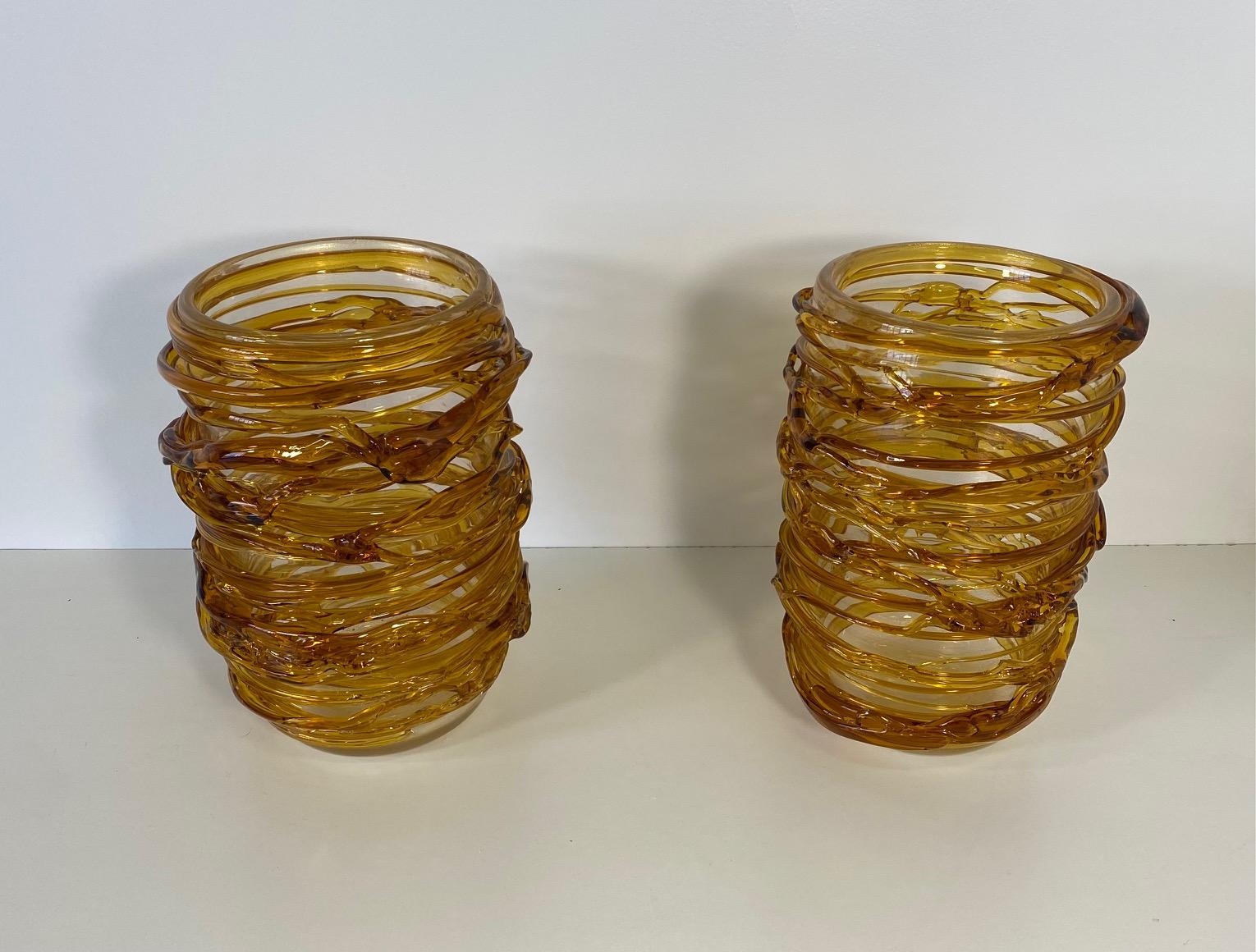Italian Art Deco Murano Amber Glass Pair of Vases by Cenedese In Good Condition In Meda, MB