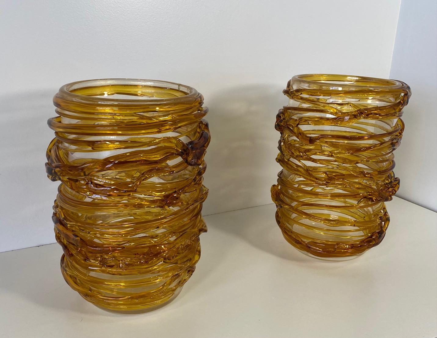 Contemporary Italian Art Deco Murano Amber Glass Pair of Vases by Cenedese