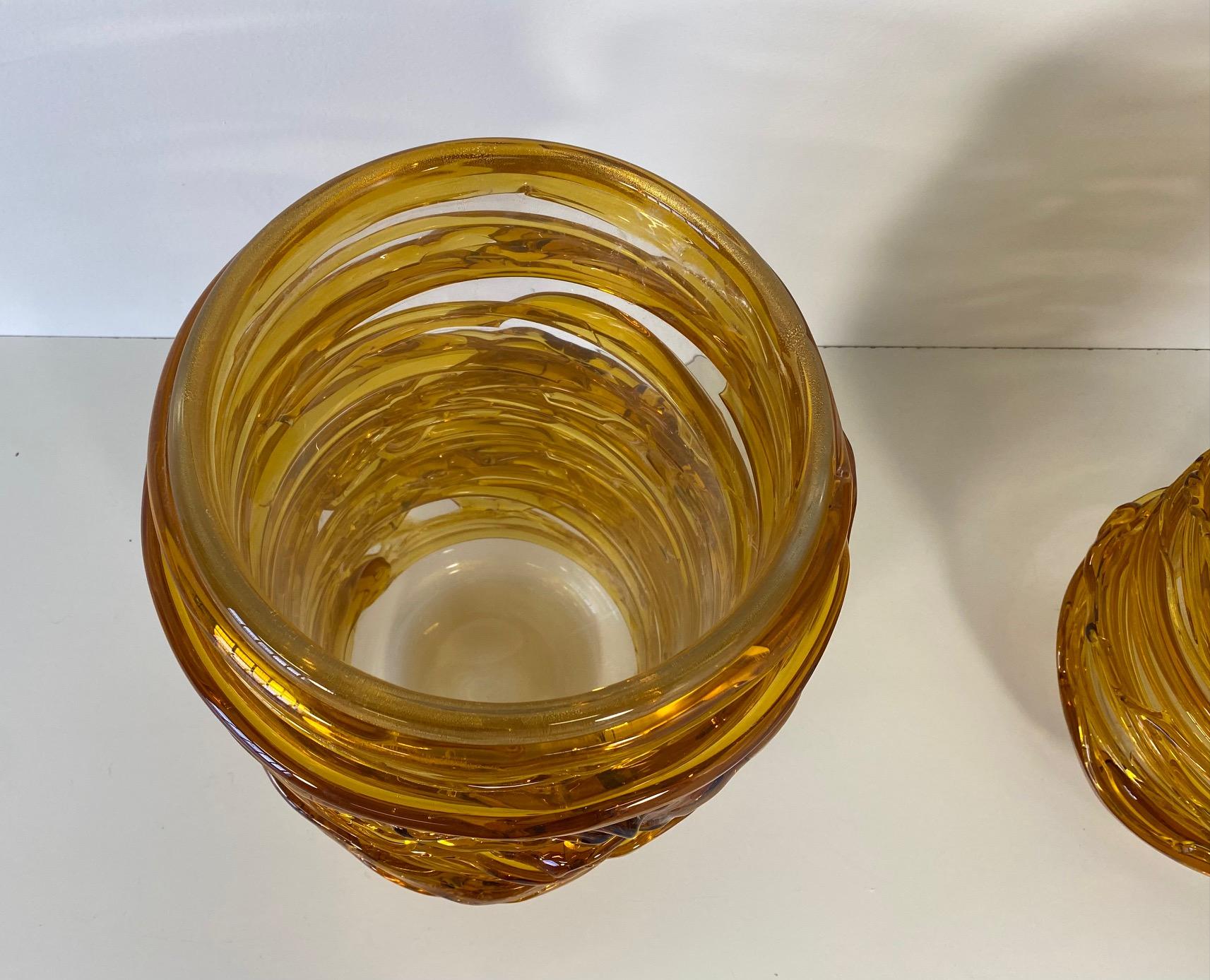 Italian Art Deco Murano Amber Glass Pair of Vases by Cenedese 1