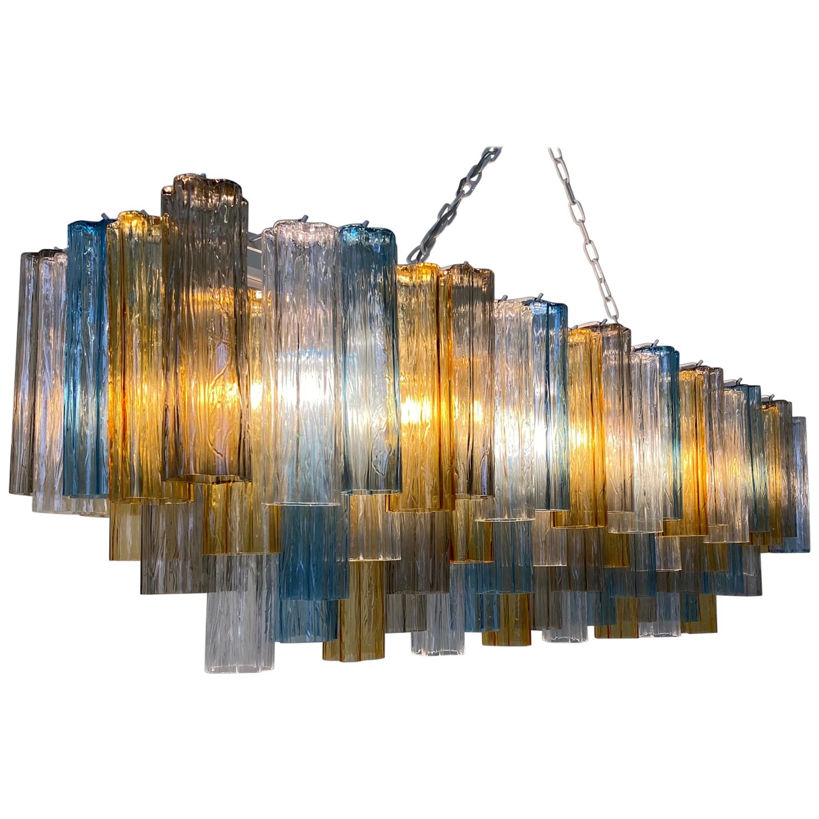 Italian Art Deco Murano Blue and Amber Glass Chandelier