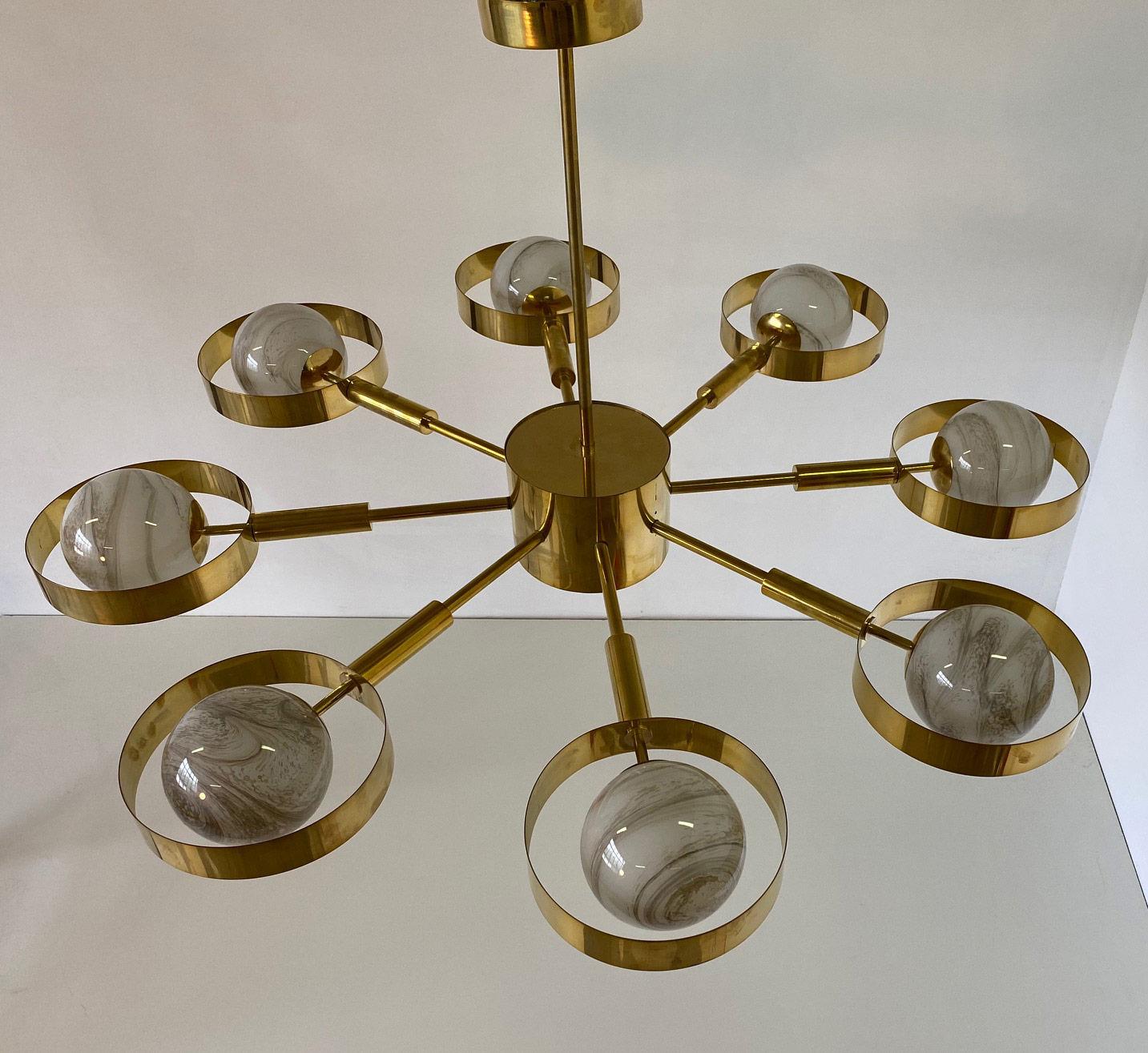 Italian Art Deco Murano colored glass on a brass structure, produced in Italy, in Murano by master glass craftsmen.
