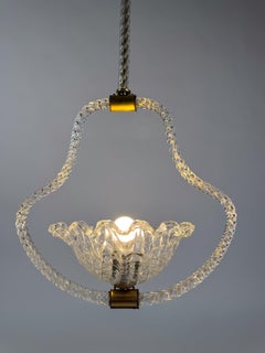 Italian Art Deco Murano Glass and Brass Pendant, In the style of Barovier, 1930s