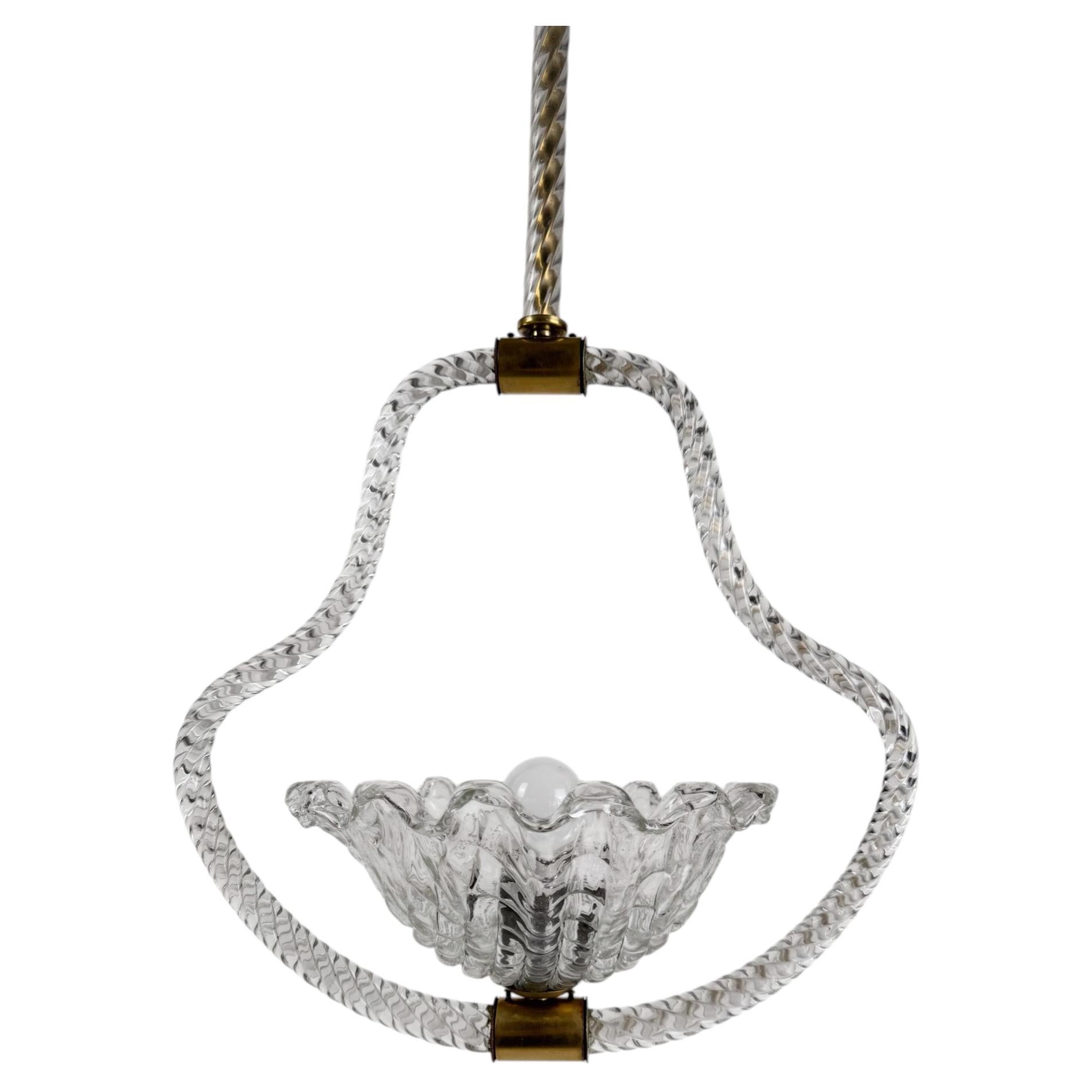 Italian Art Deco Murano Glass and Brass Pendant, In the style of Barovier, 1930s