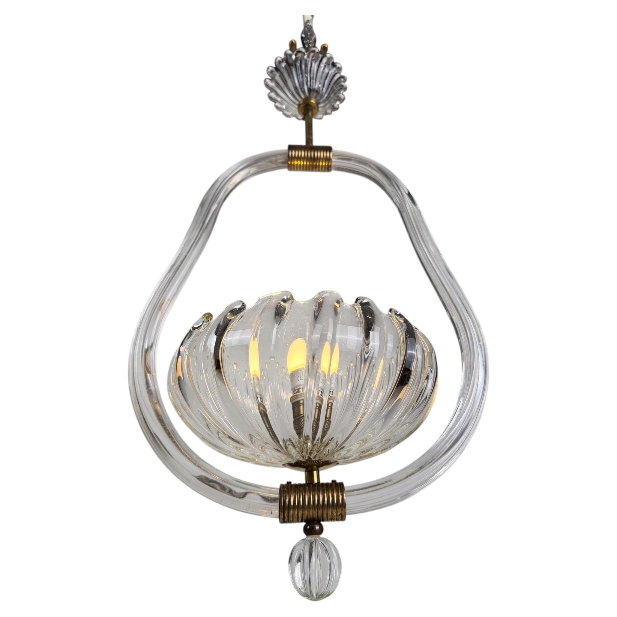 Italian Art Deco Murano Glass and Brass Pendant in the style of Seguso, 1930s