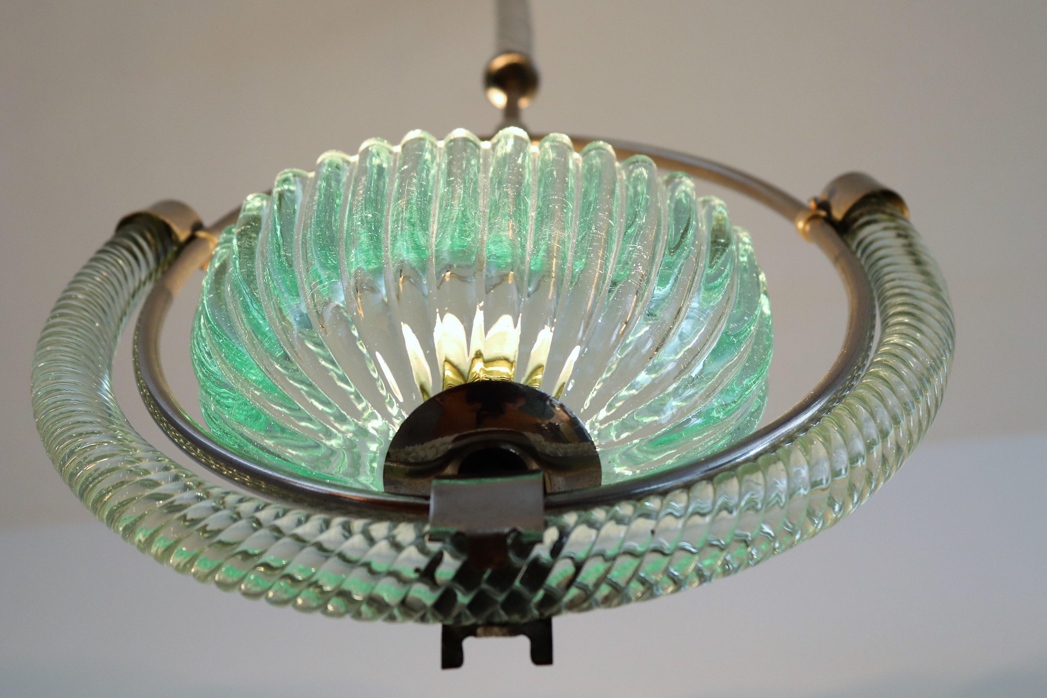 Mid-20th Century Italian Art Deco Murano Glass and Brass Pendant Light, 1940