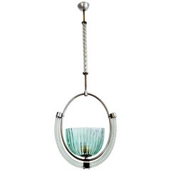 Italian Art Deco Murano Glass and Brass Pendant Light, 1940