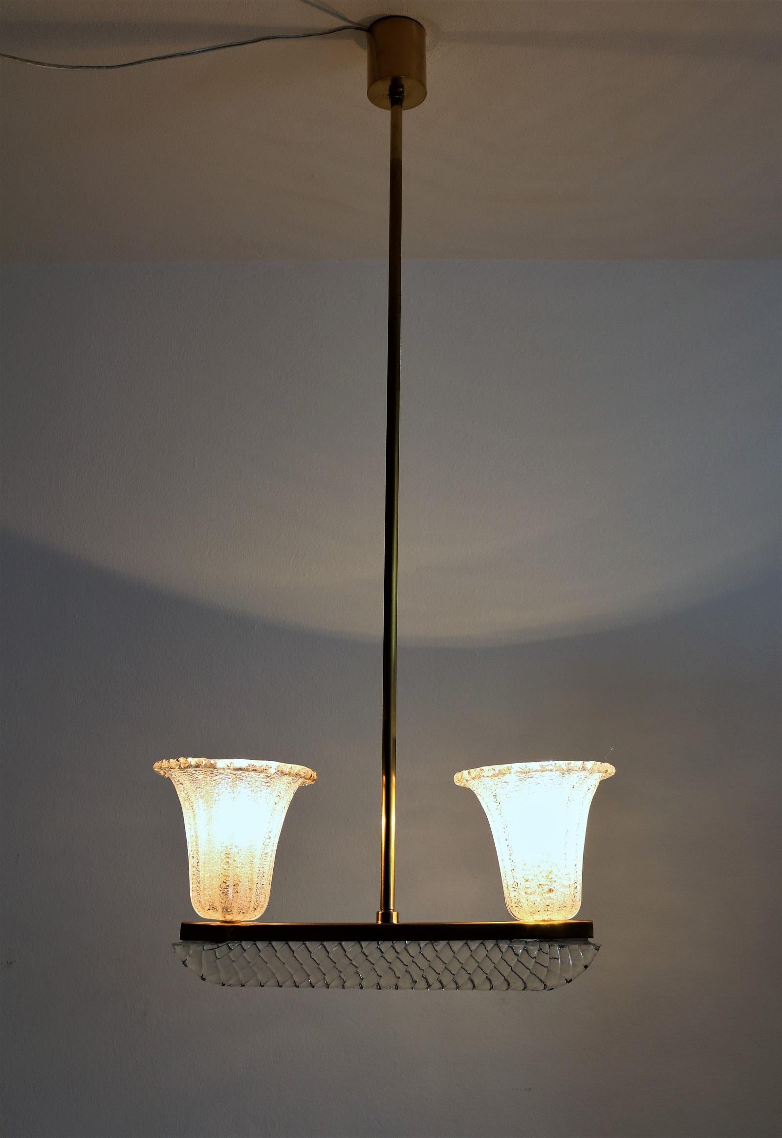 Italian Art Deco Murano Glass and Brass Pendant Light by Barovier & Toso, 1940s 4