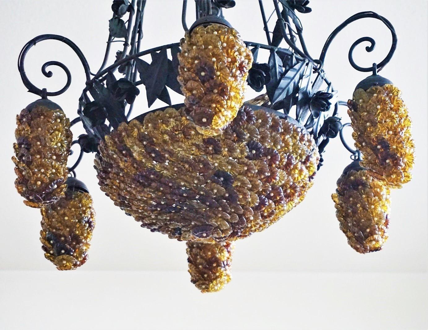 Painted Italian Murano Glass Wrought Iron Seven-Light Chandelier, 1930s For Sale