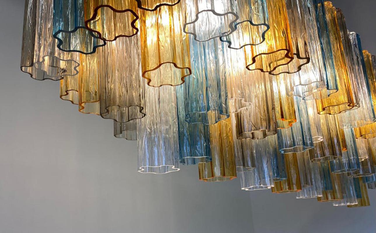 Contemporary Italian Art Deco Murano Light Blue, Grey and Amber Glass Chandelier For Sale