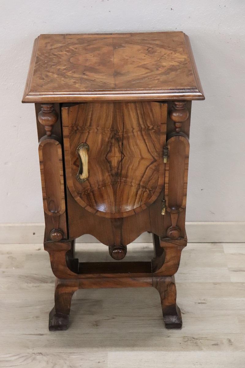 Rare and fine quality Italian Art Deco nightstand, 1920s. The nightstand is in precious walnut briar. Large useful space. Perfect for a modern bedroom. 