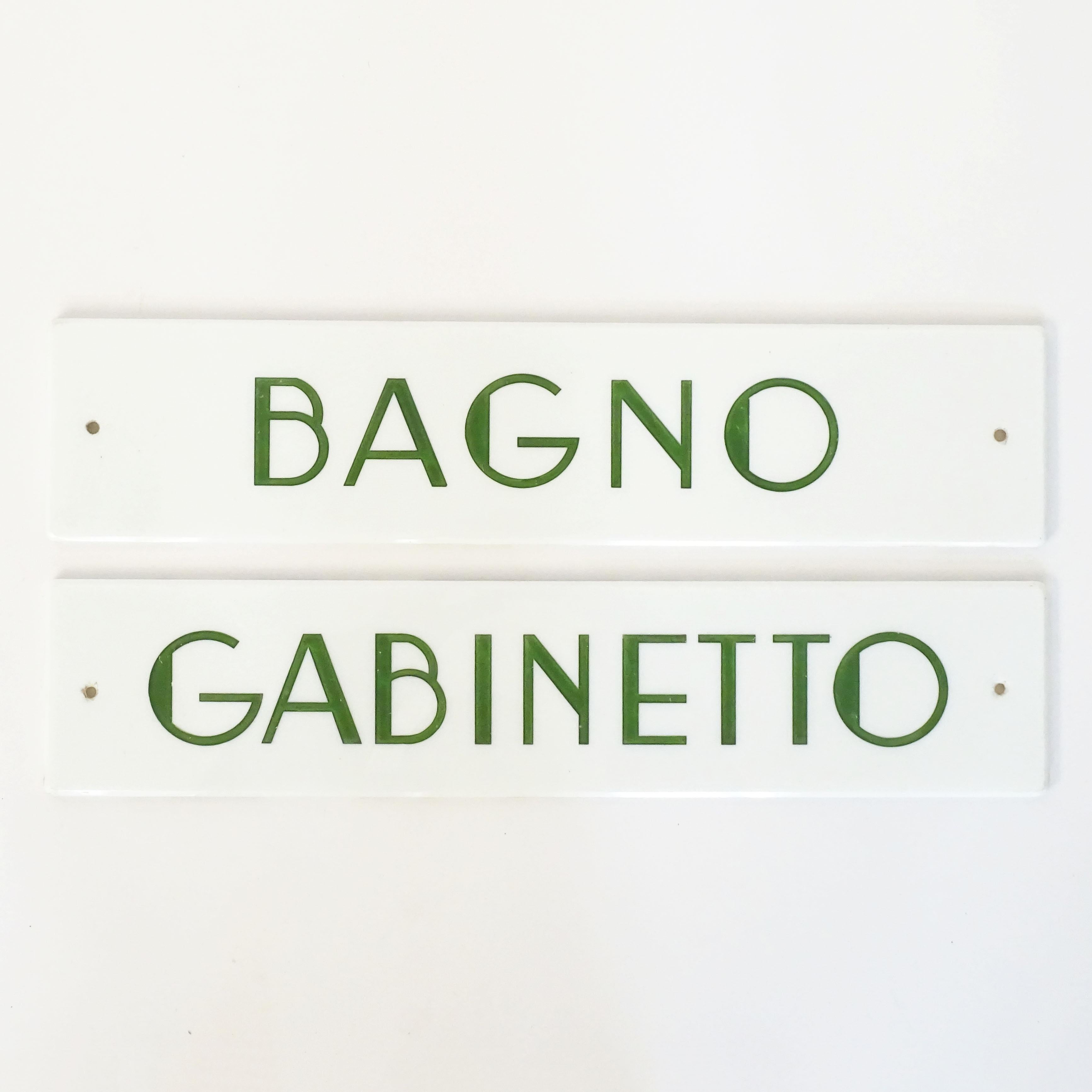 Early 20th Century Italian Art Deco Opaline Glass and Engraved with Green Letters Loo Signs, 1920s For Sale