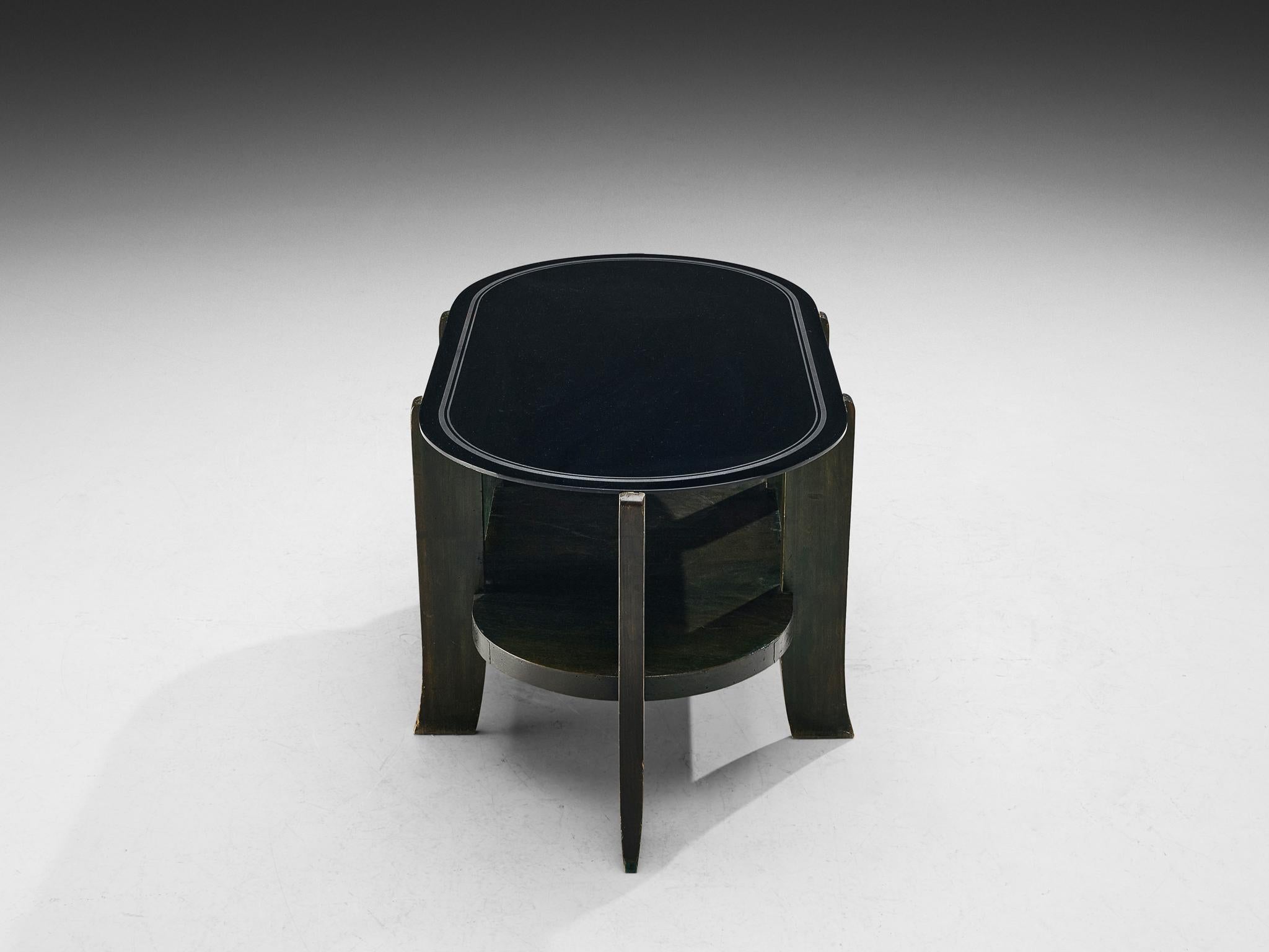 Milieu du XXe siècle Table basse ovale Art déco italienne en bois teinté vert  en vente
