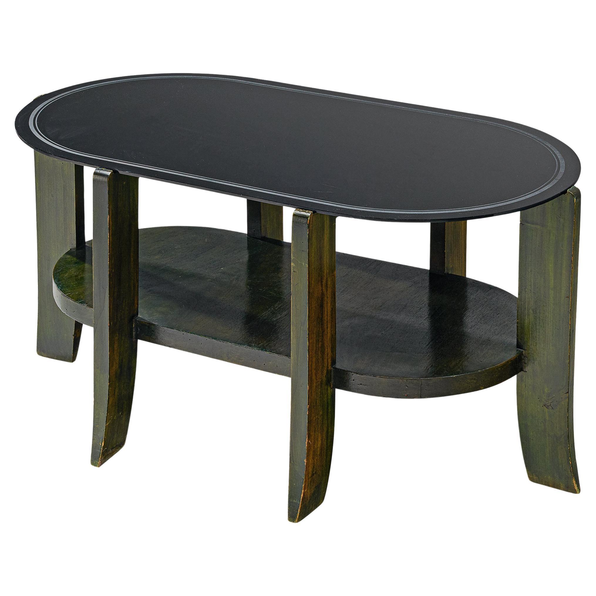 Italian Art Deco Oval Shaped Coffee Table in Green Stained Wood  For Sale