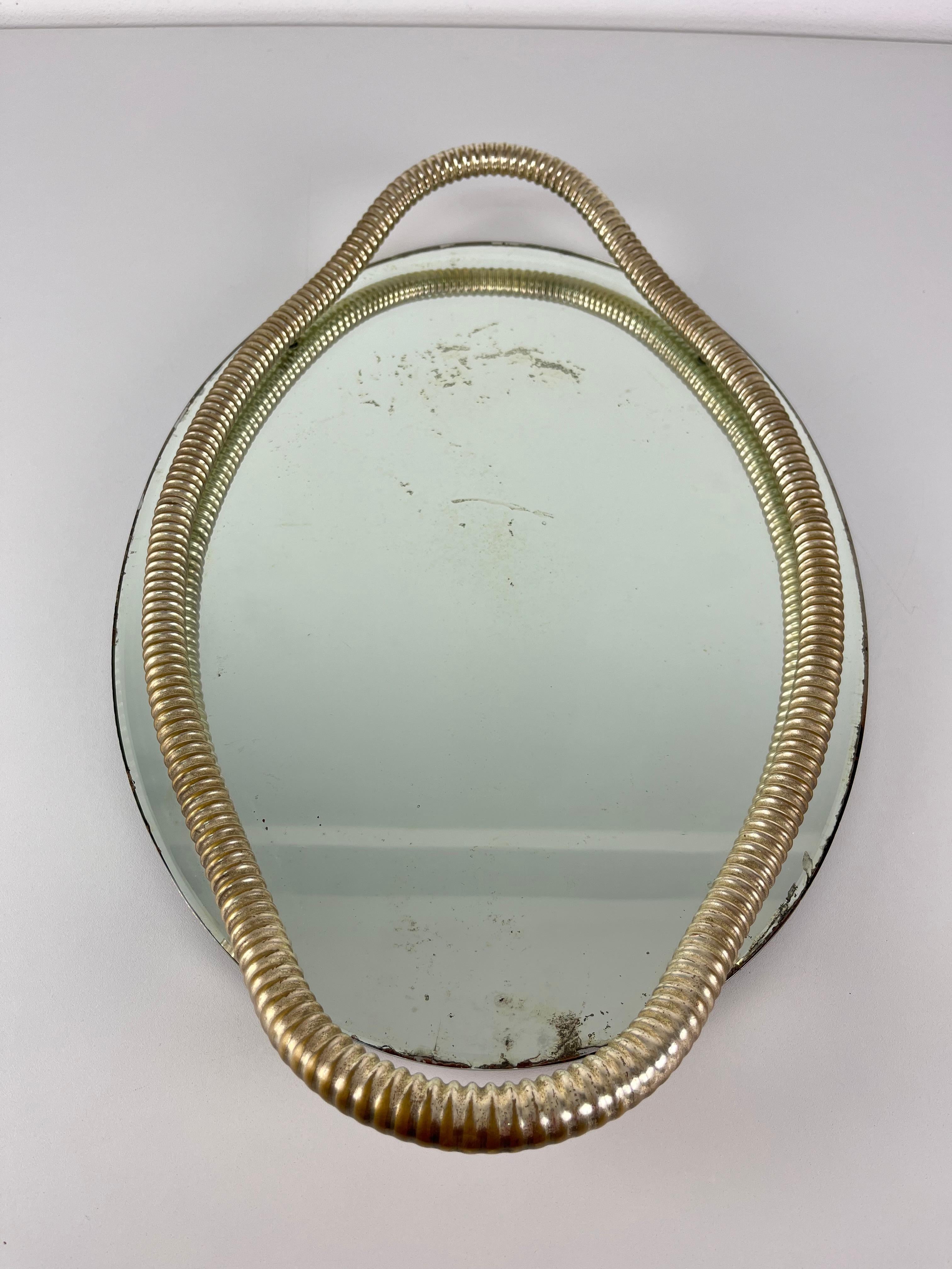 Attributed To Fontana Arte Italian Art Deco Oval Tray Brass And Mirrored Glass For Sale 6