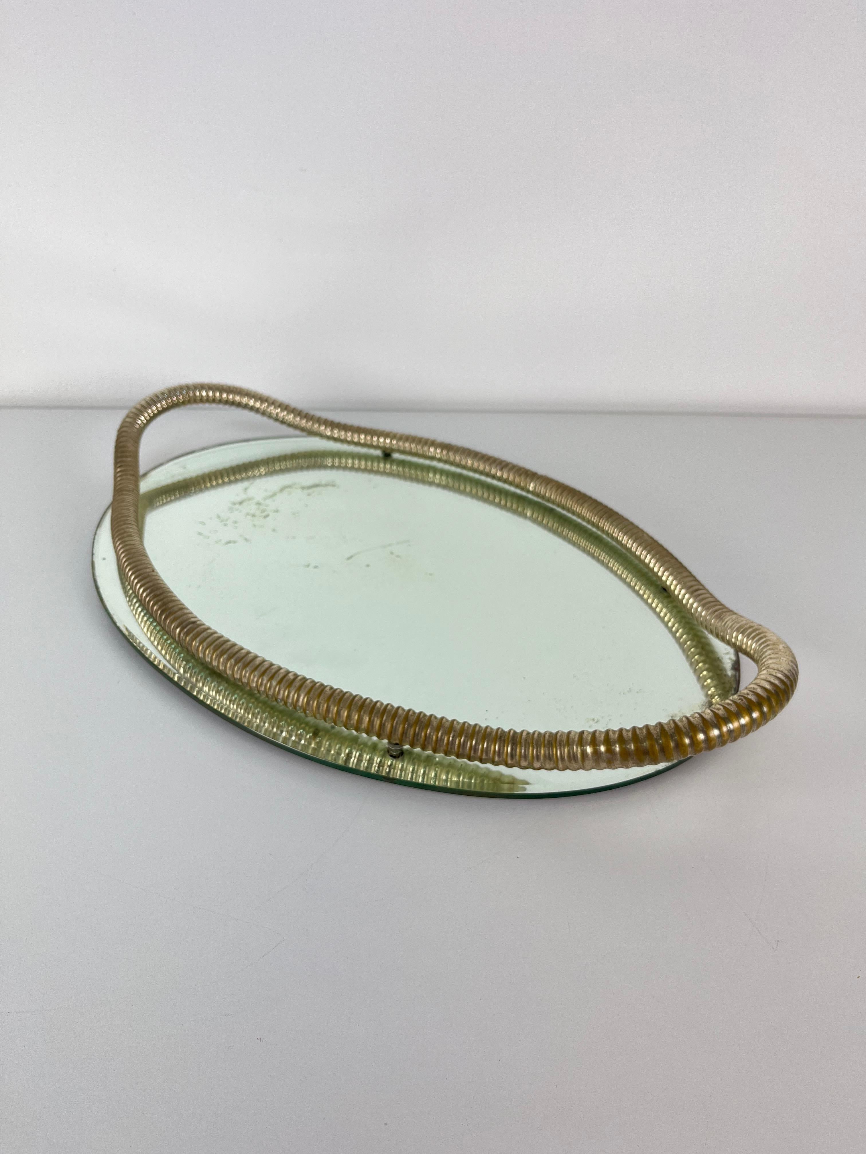 Attributed To Fontana Arte Italian Art Deco Oval Tray Brass And Mirrored Glass For Sale 7