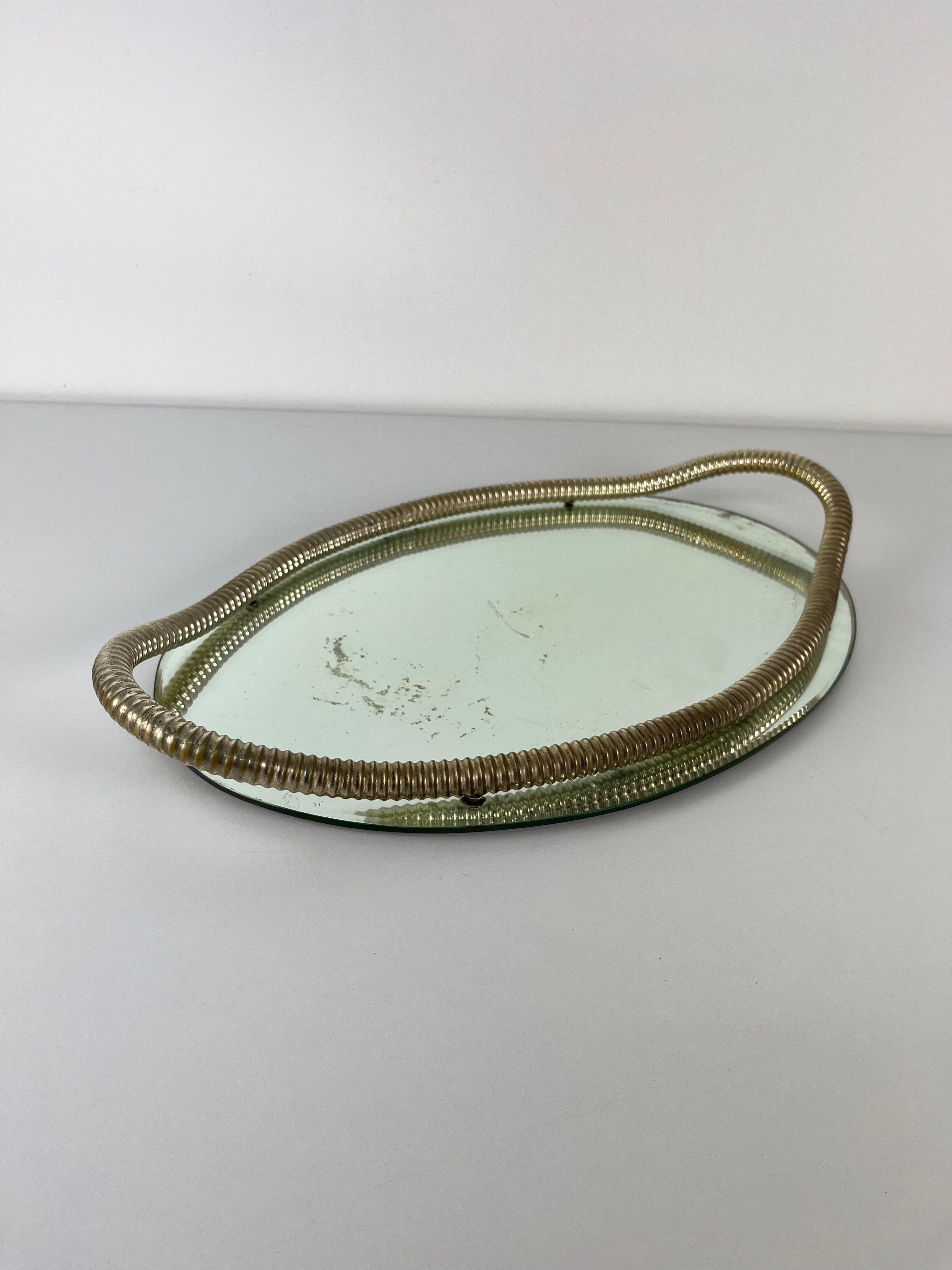 Attributed To Fontana Arte Italian Art Deco Oval Tray Brass And Mirrored Glass For Sale 8