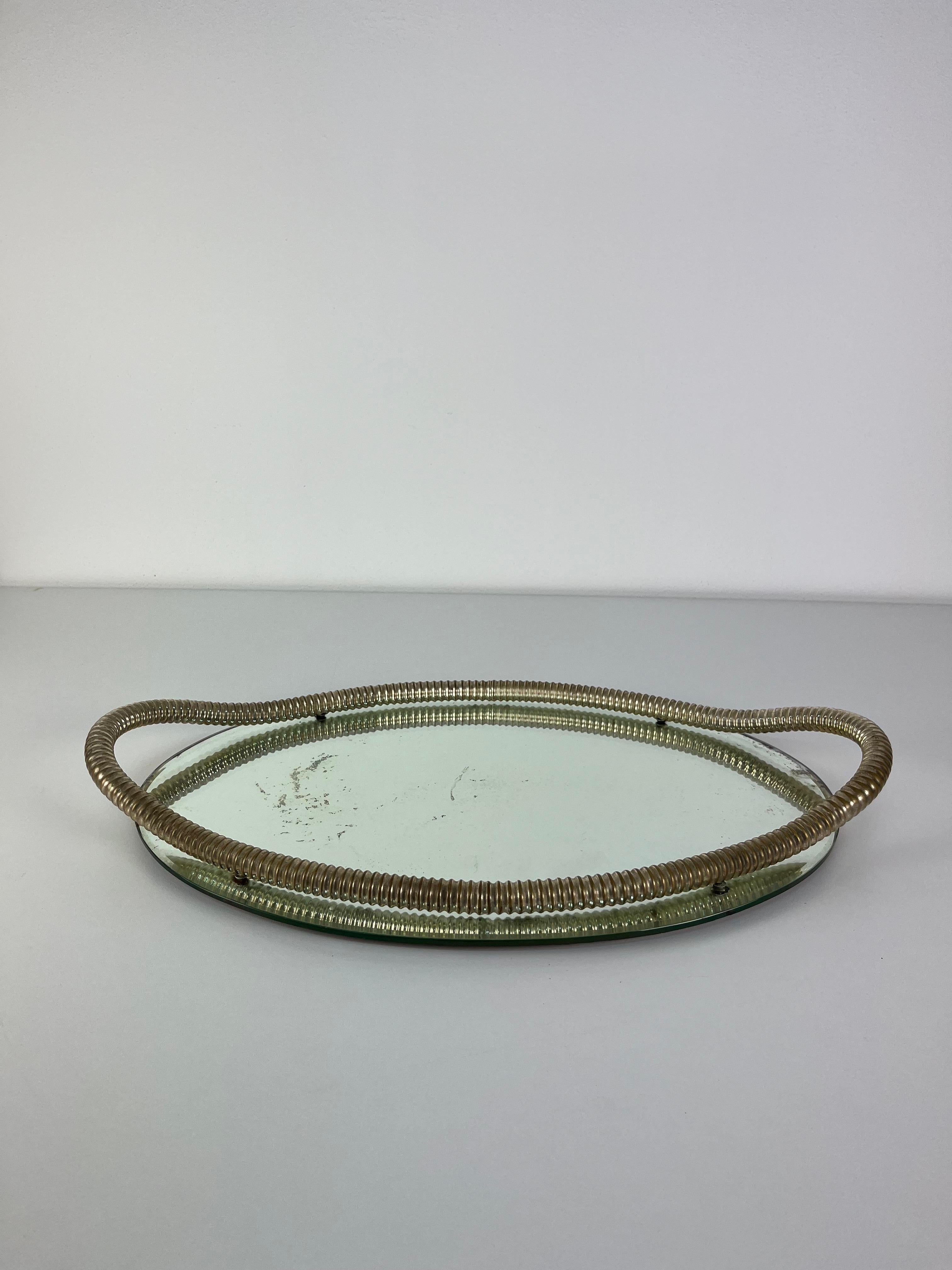 Attributed To Fontana Arte Italian Art Deco Oval Tray Brass And Mirrored Glass For Sale 9