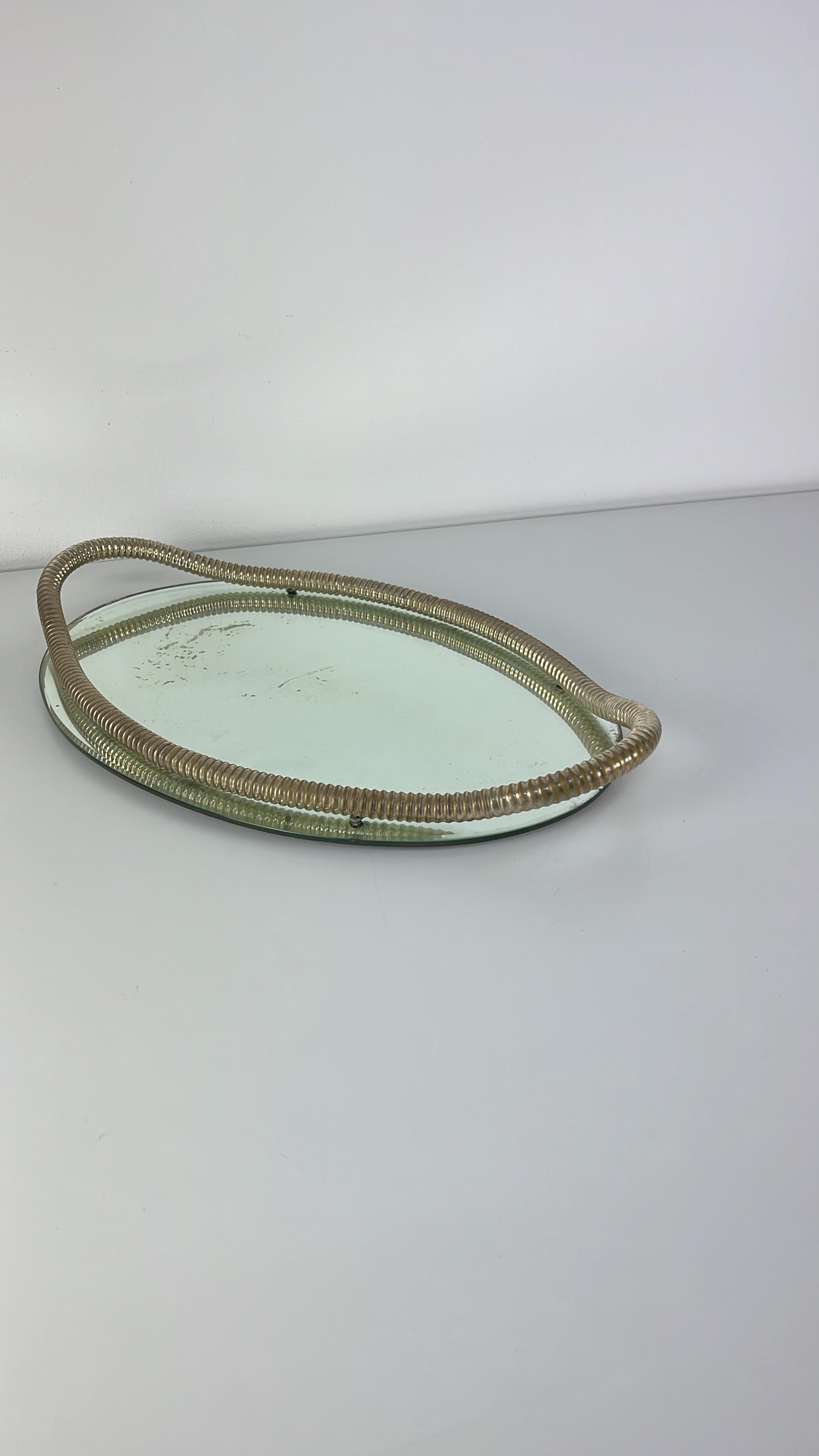Mid-20th Century Attributed To Fontana Arte Italian Art Deco Oval Tray Brass And Mirrored Glass For Sale
