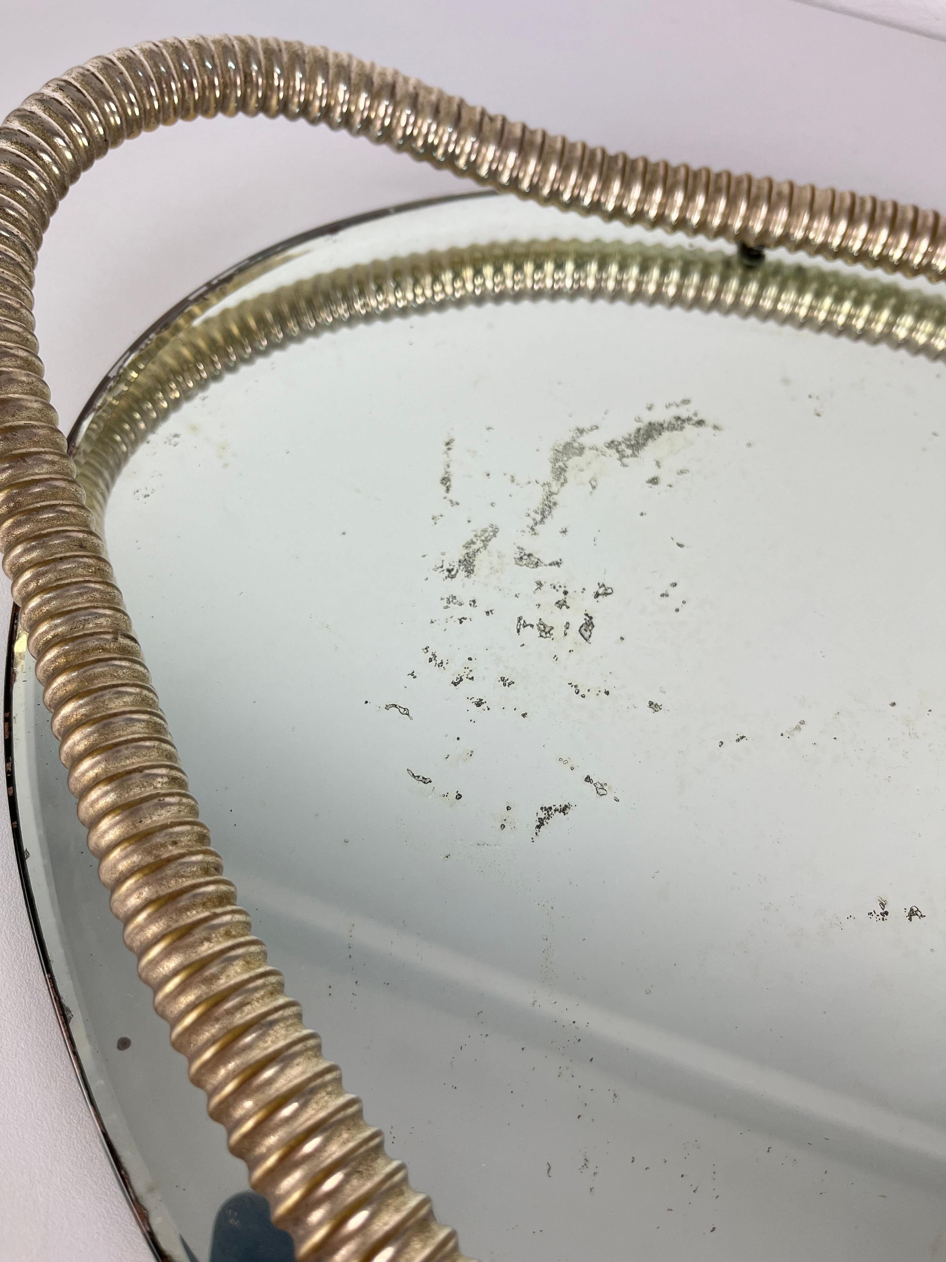 Attributed To Fontana Arte Italian Art Deco Oval Tray Brass And Mirrored Glass For Sale 4