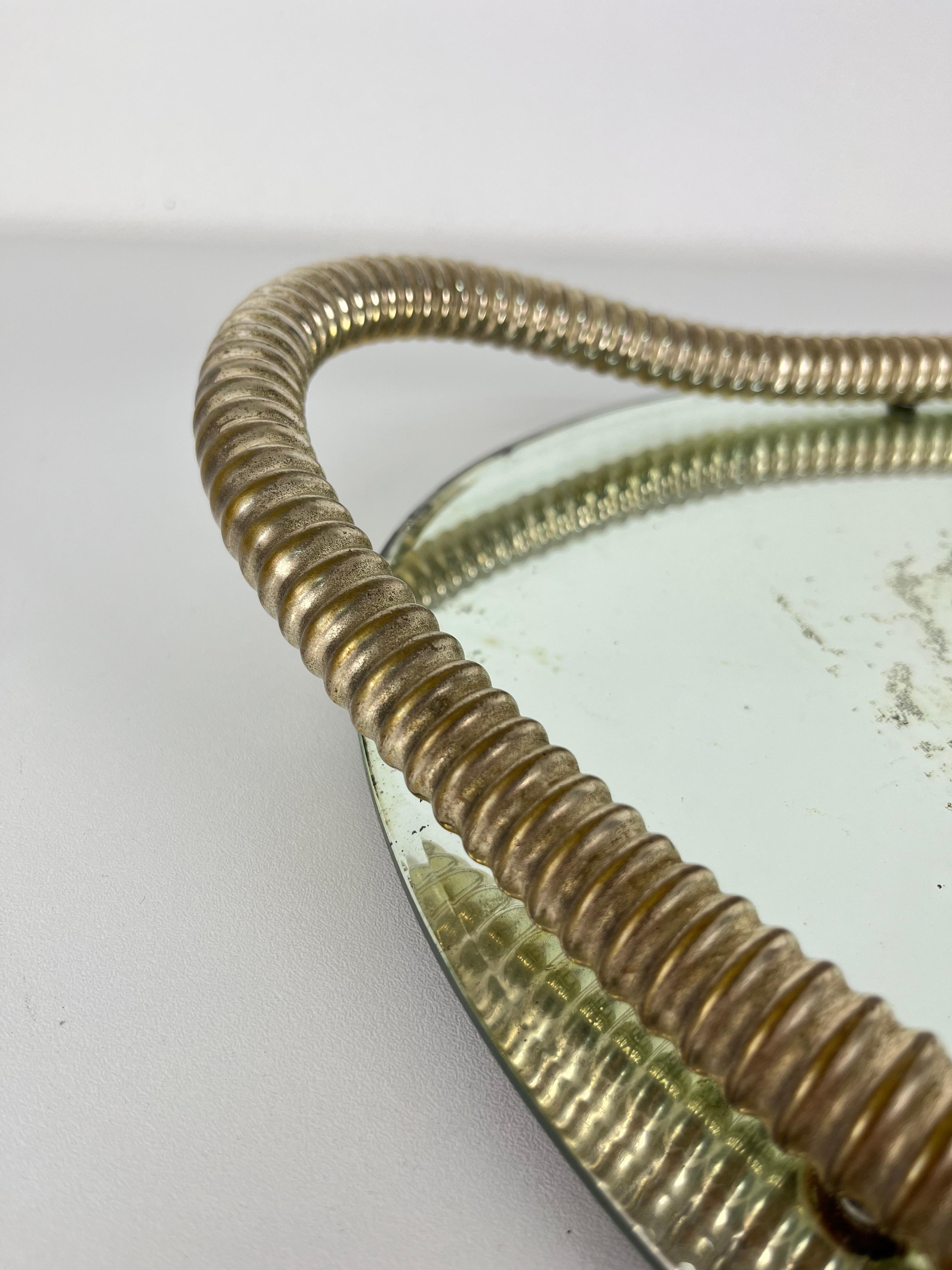 Attributed To Fontana Arte Italian Art Deco Oval Tray Brass And Mirrored Glass For Sale 5