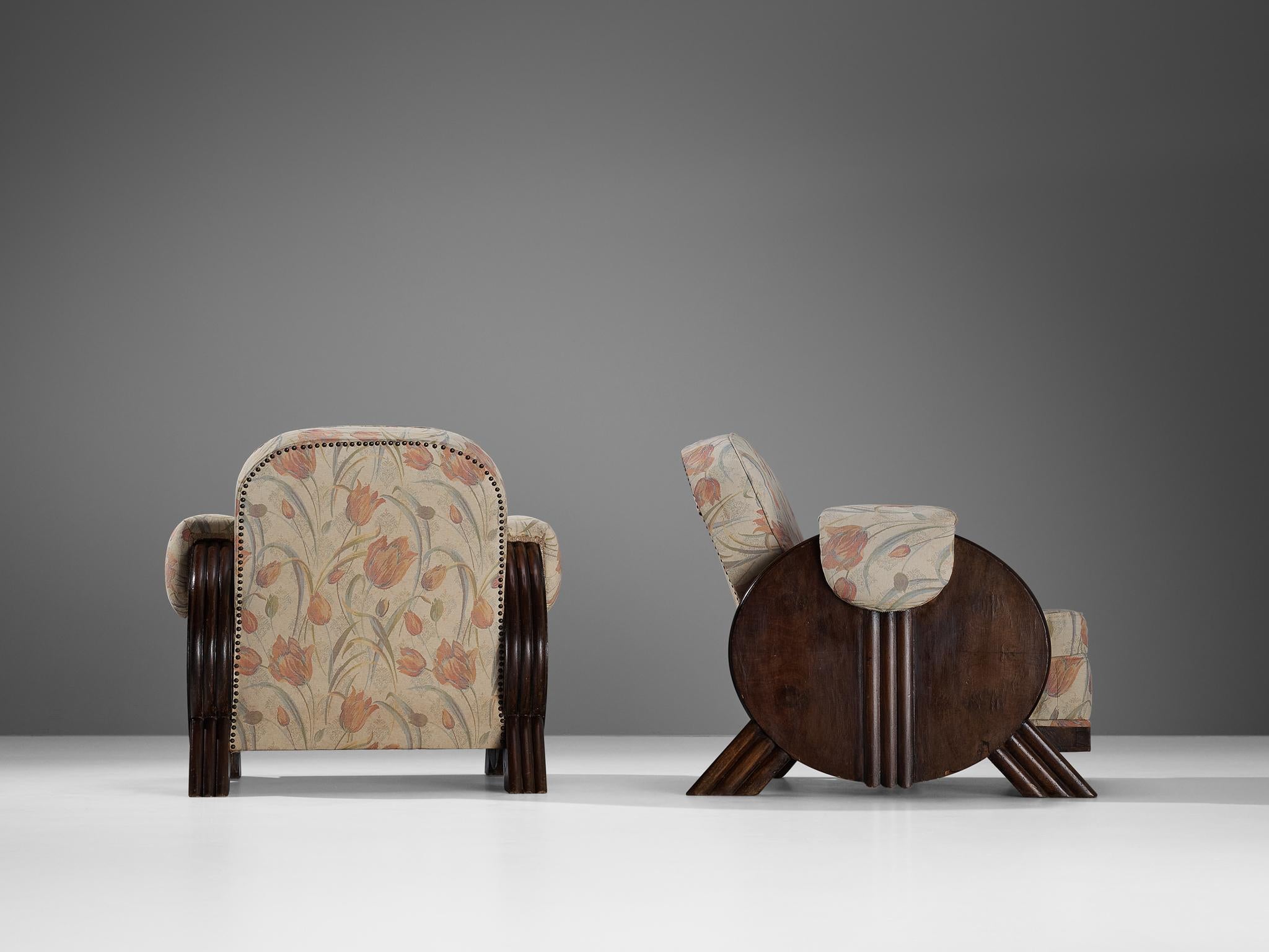 Brass Italian Art Deco Pair of Lounge Chairs in Floral Upholstery and Wood