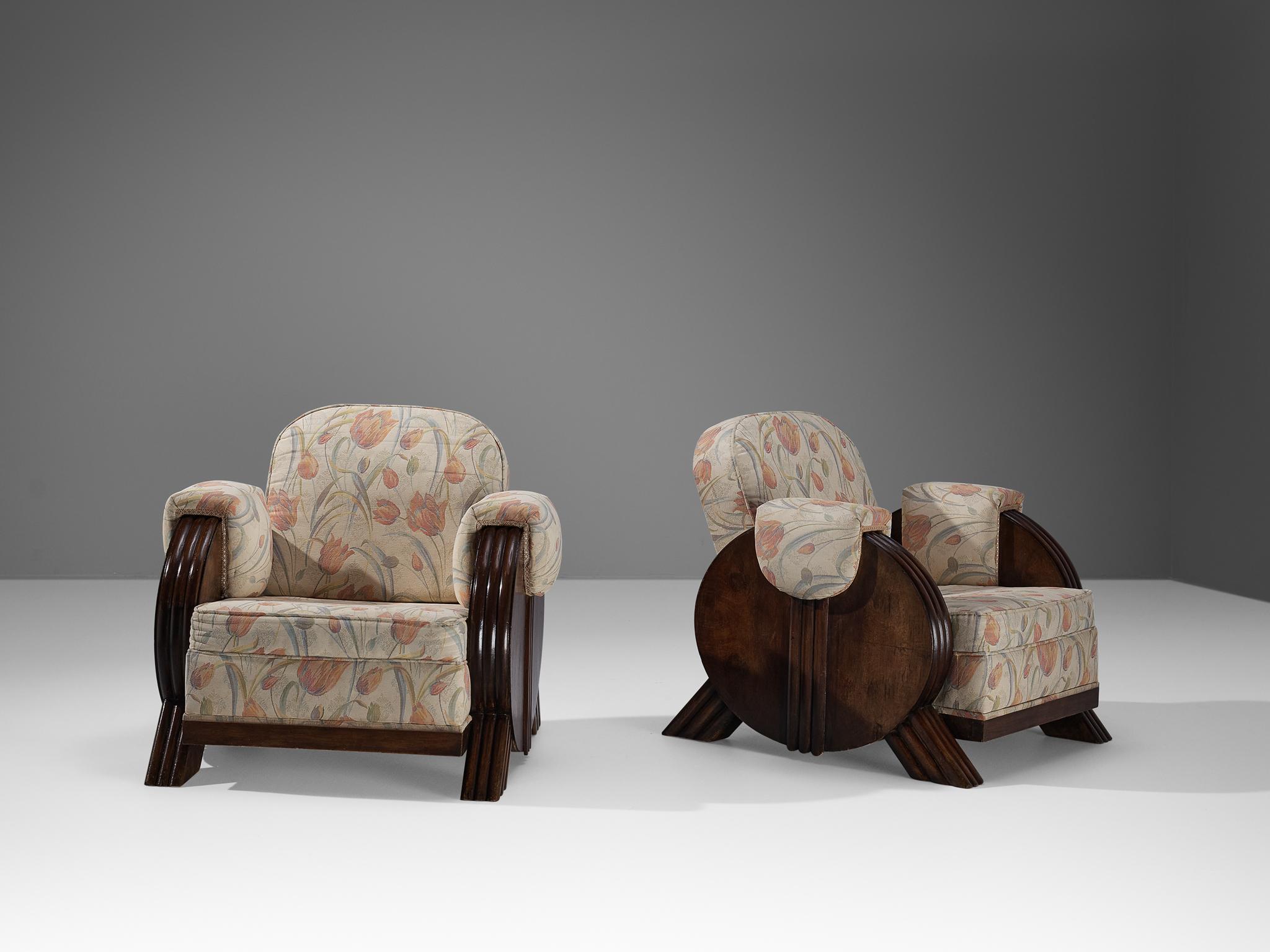 Italian Art Deco Pair of Lounge Chairs in Floral Upholstery and Wood 1