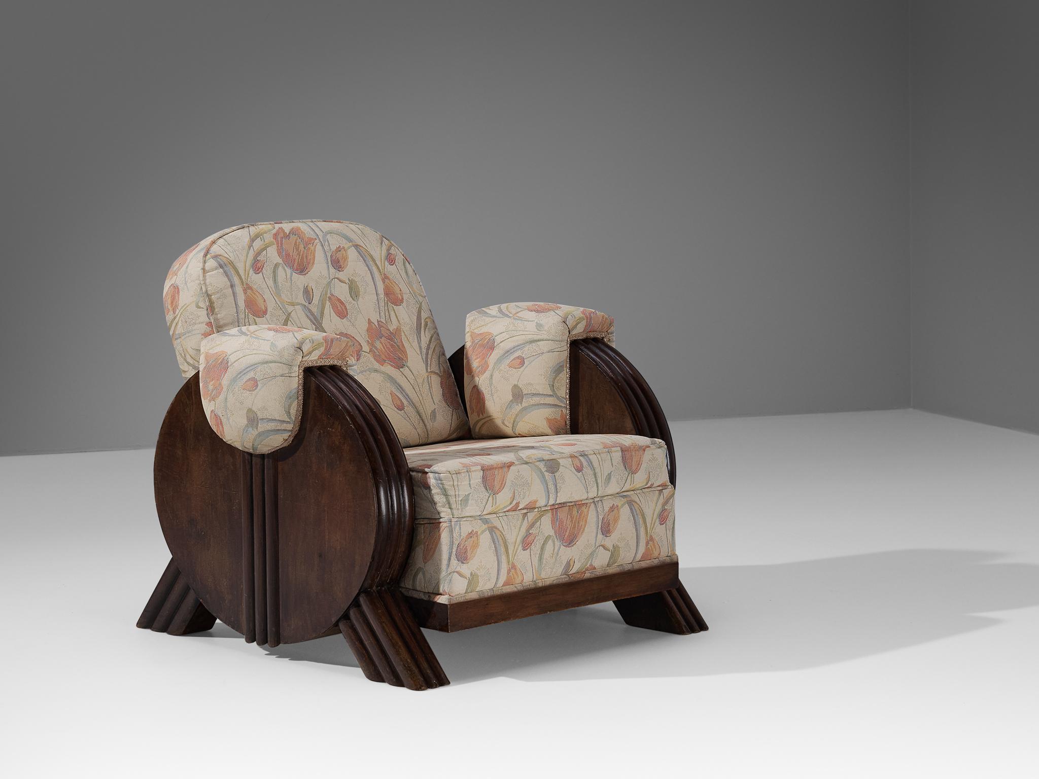 Italian Art Deco Pair of Lounge Chairs in Floral Upholstery and Wood 3